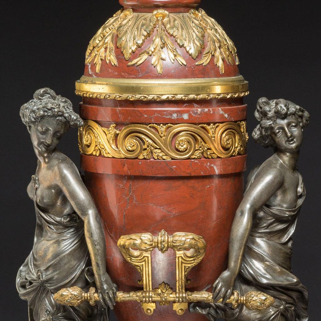 Gilt French Ormolu and Patinated Bronze-Mounted Marble Vases with Covers by Gagneau For Sale