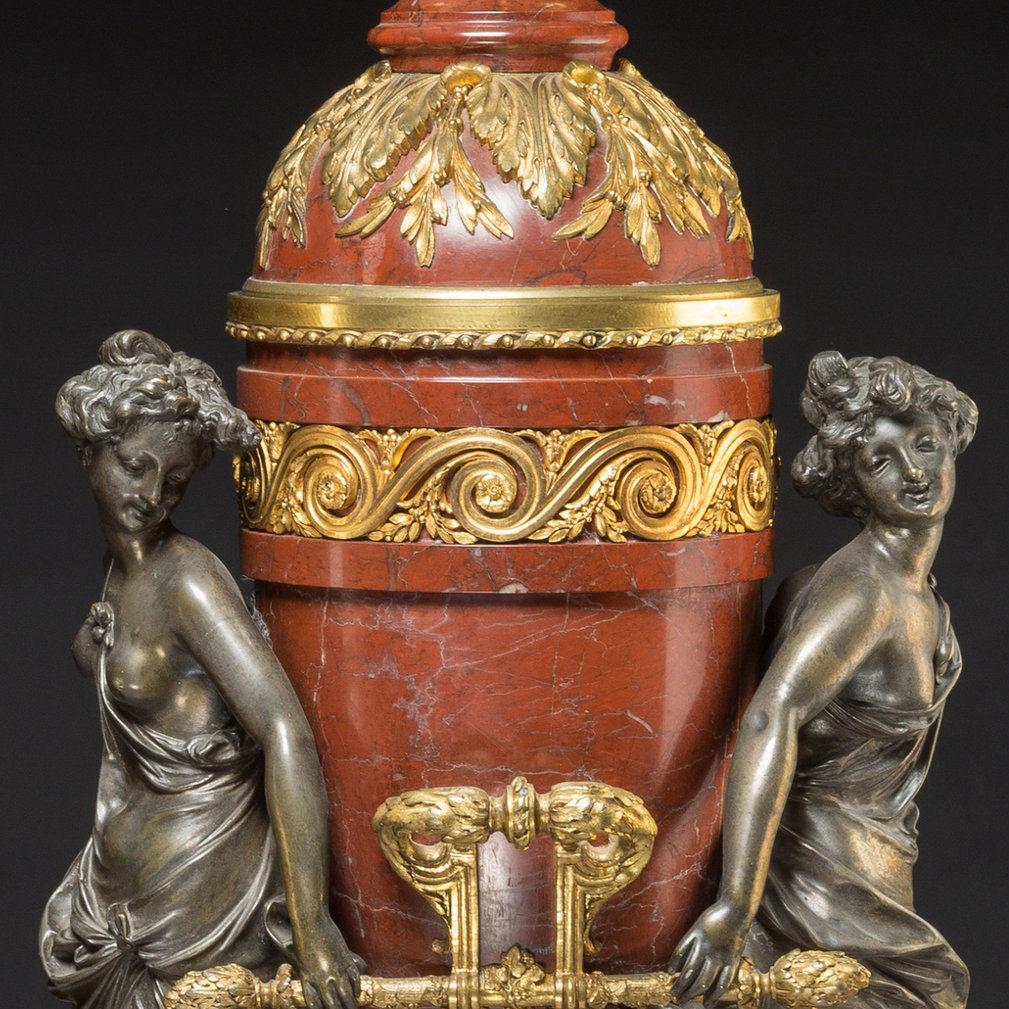 French Ormolu and Patinated Bronze-Mounted Marble Vases with Covers by Gagneau For Sale 2