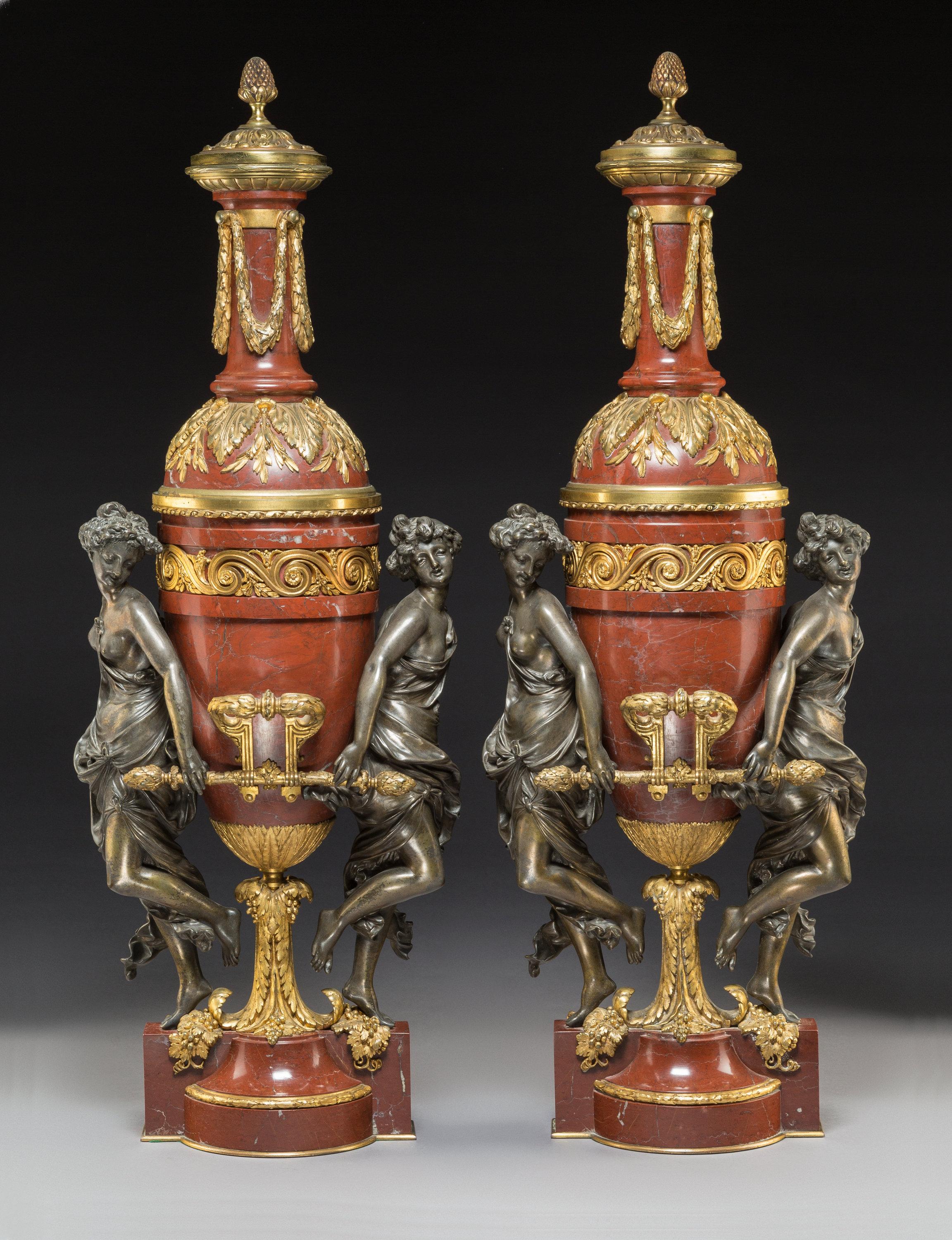 French Ormolu and Patinated Bronze-Mounted Marble Vases with Covers by Gagneau For Sale 3