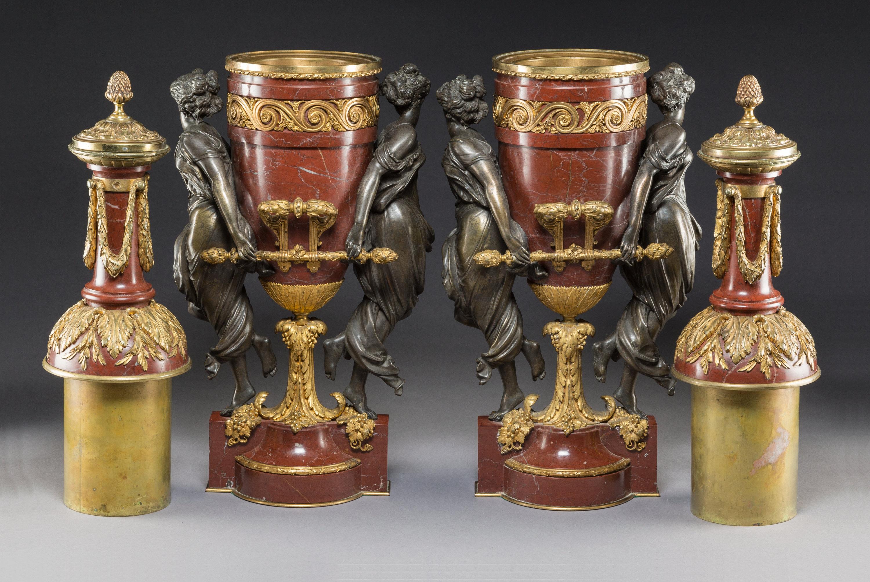French Ormolu and Patinated Bronze-Mounted Marble Vases with Covers by Gagneau For Sale 4