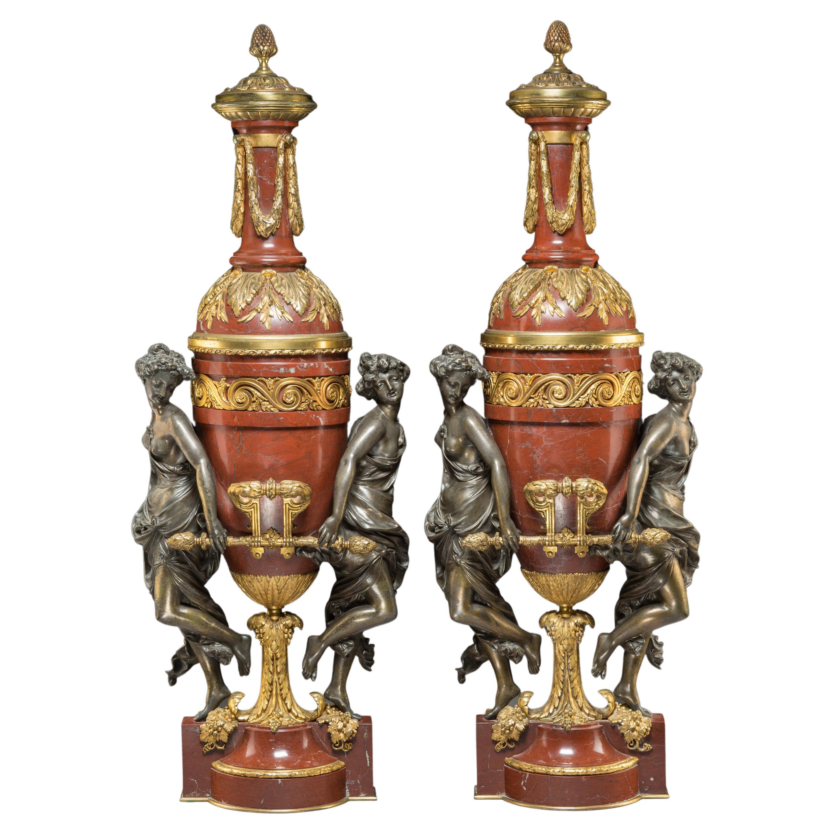 Französische Vasen aus Goldbronze und patinierter Bronze mit Marmorbeschlägen und Deckeln von Gagneau