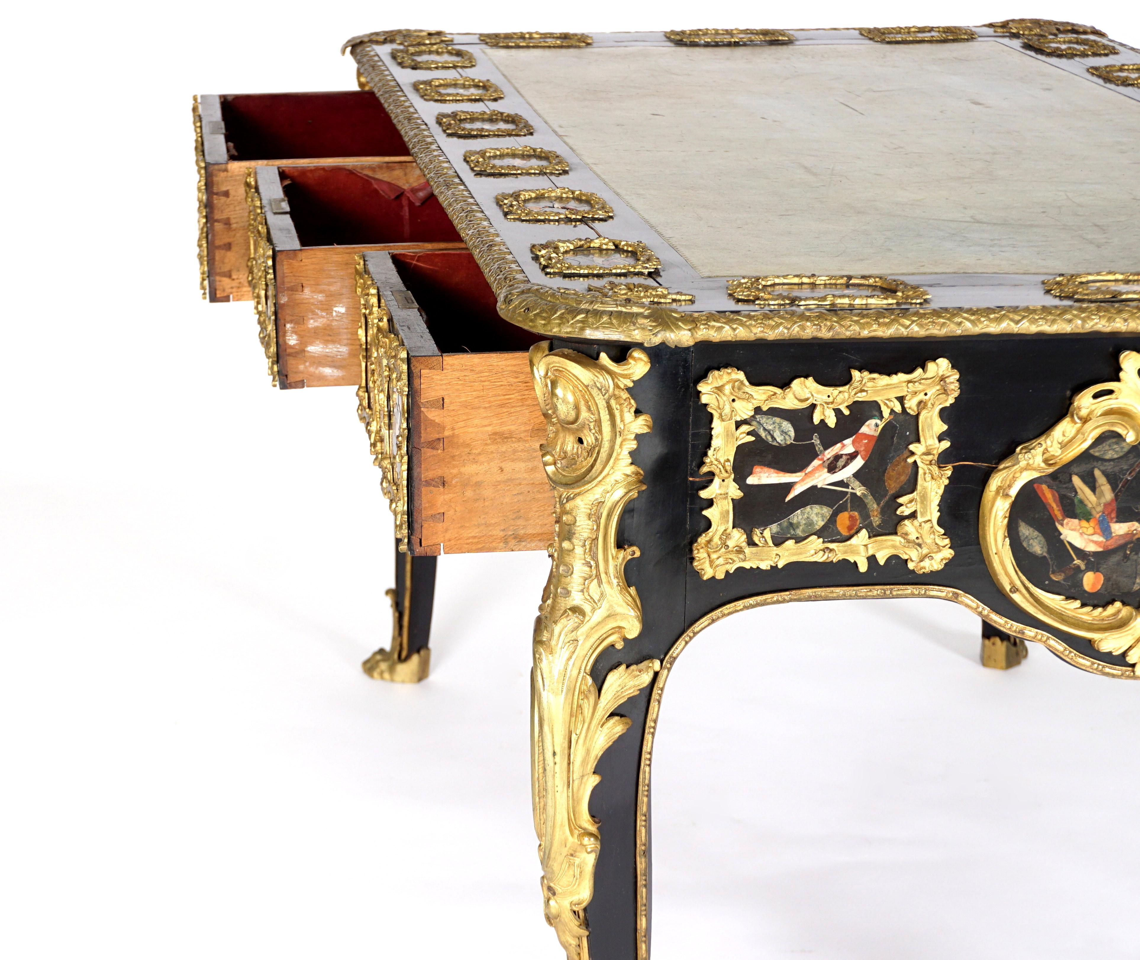 French Ormolu and Pietra Dura Mounted Ebonized Bureau Plat 4