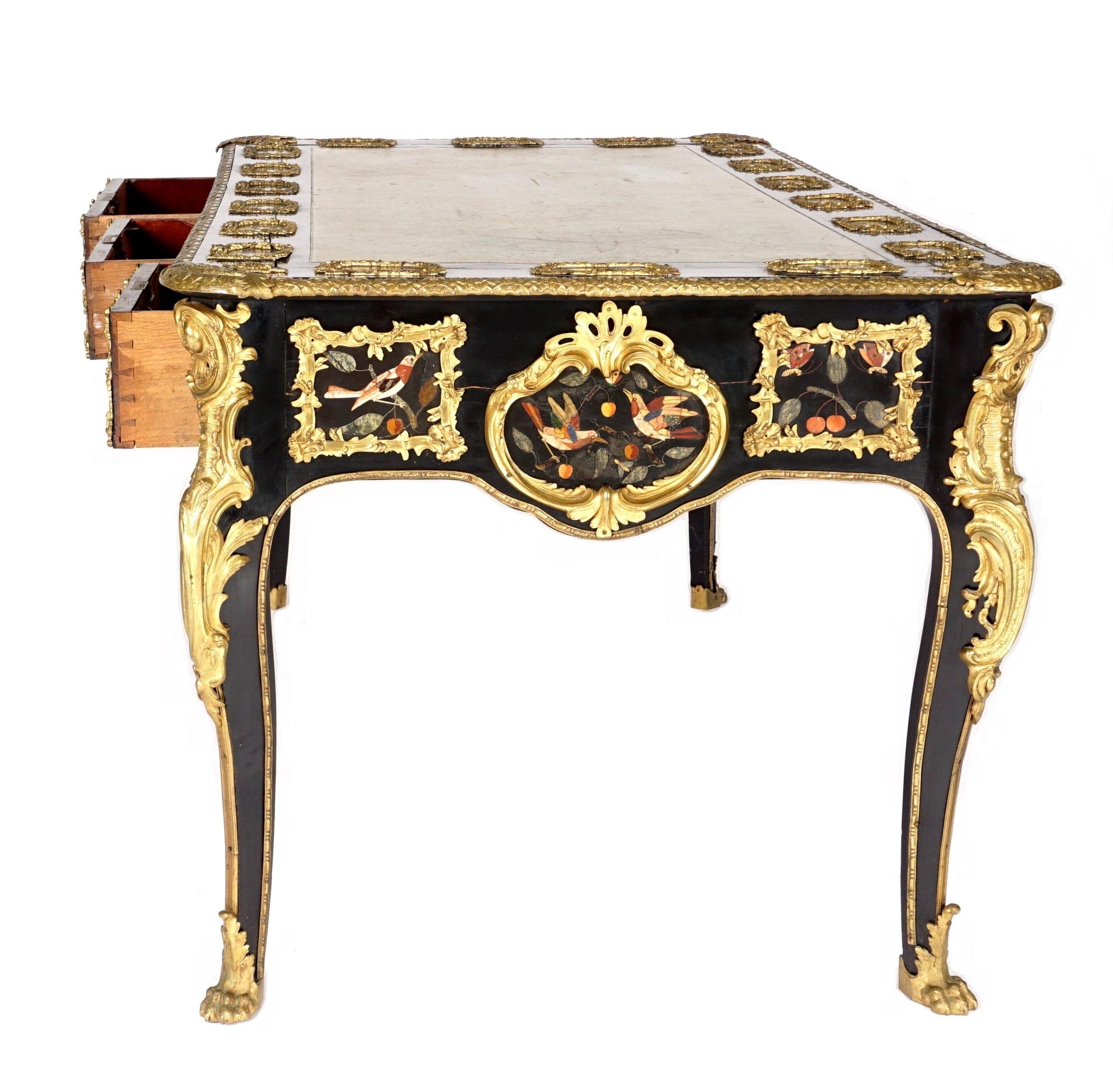 French Ormolu and Pietra Dura Mounted Ebonized Bureau Plat 5
