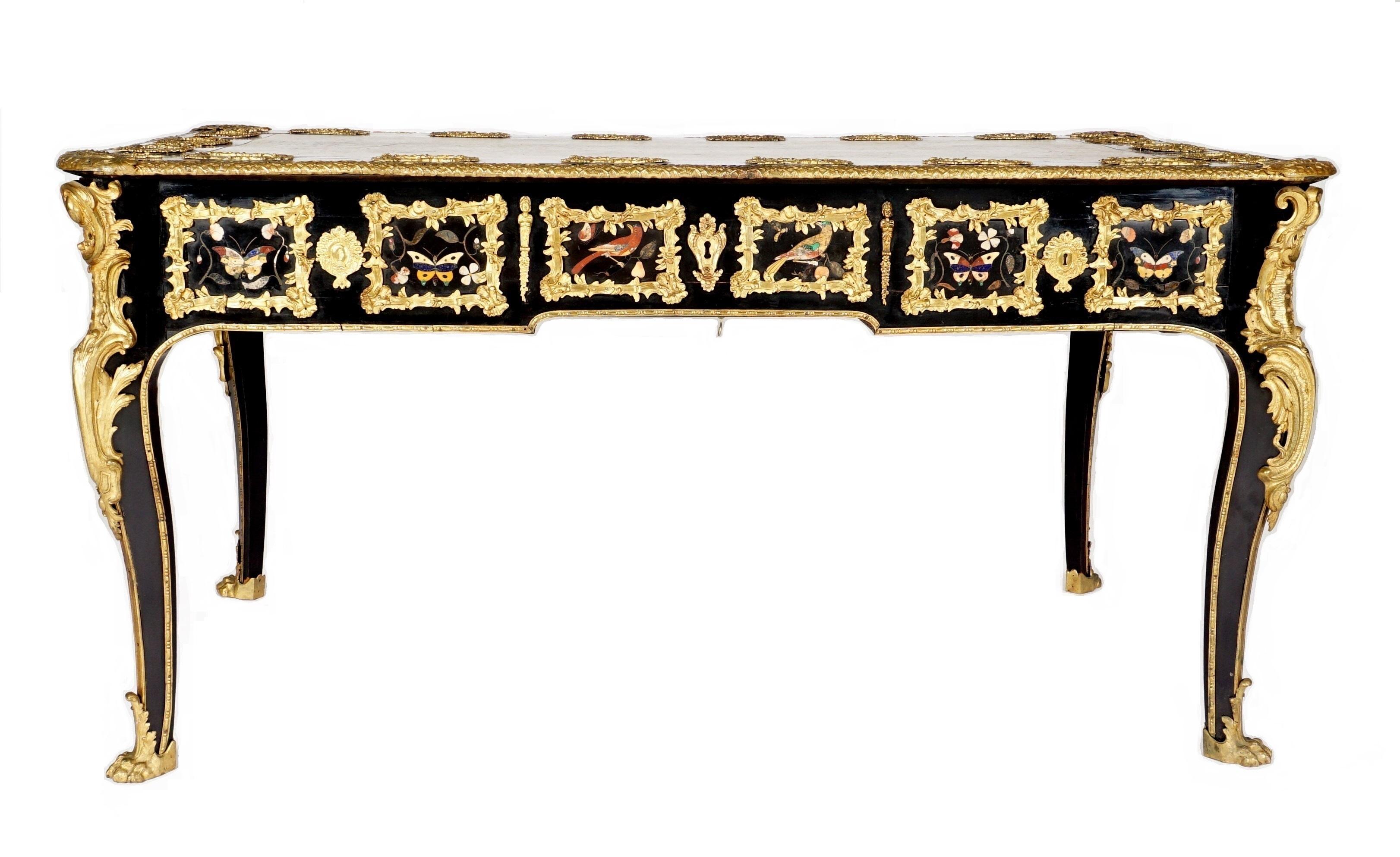 French Ormolu and Pietra Dura Mounted Ebonized Bureau Plat 6