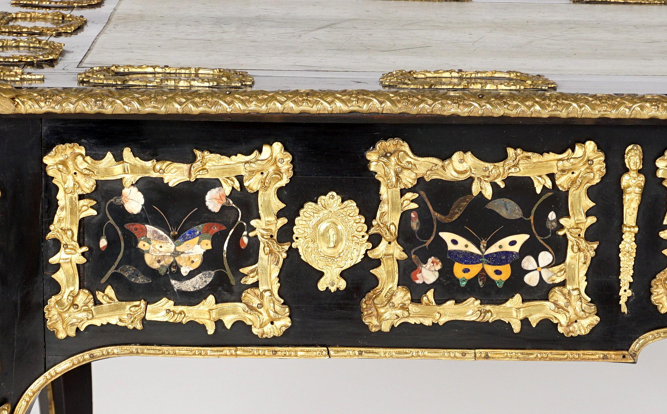 French Ormolu and Pietra Dura Mounted Ebonized Bureau Plat 7
