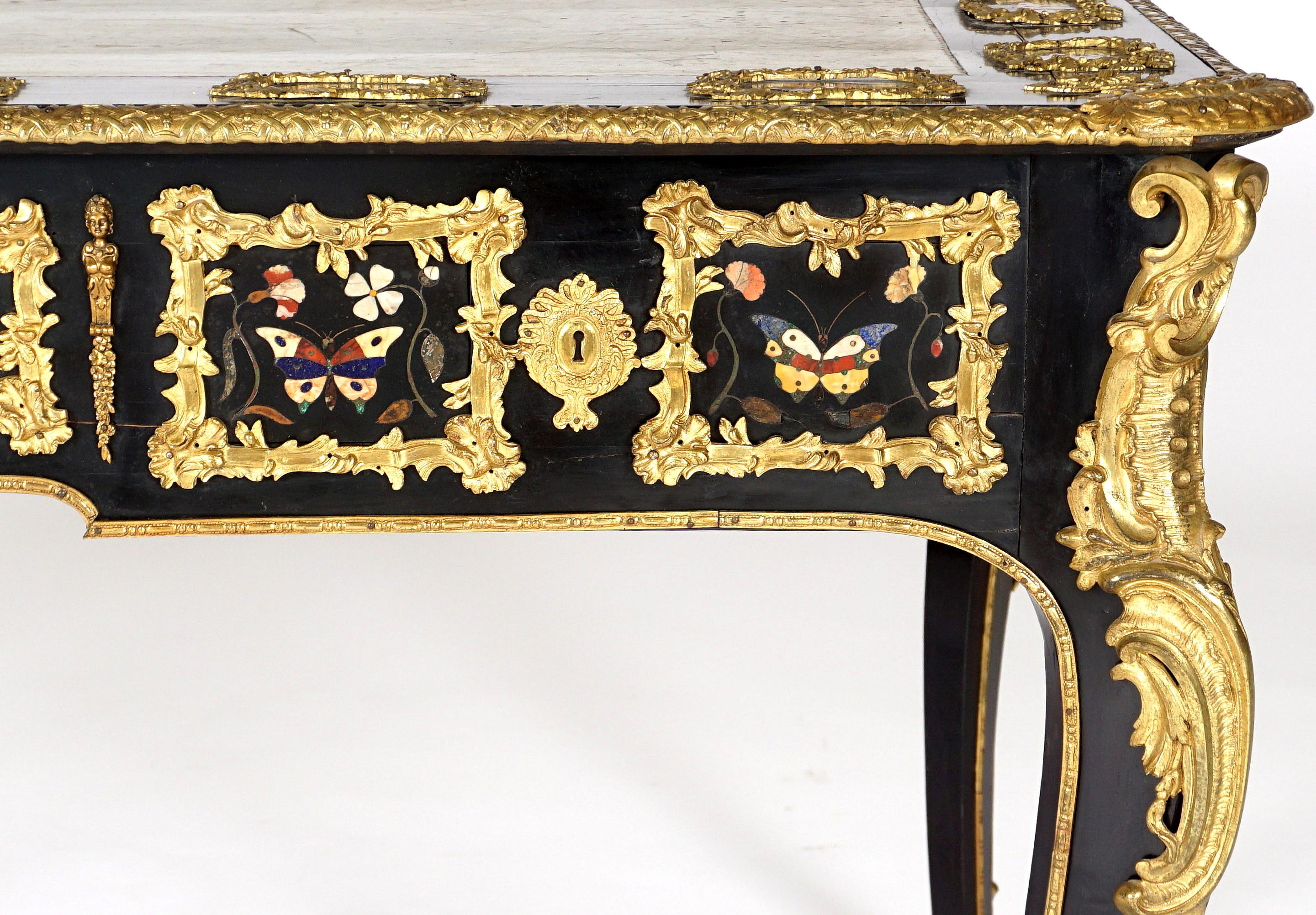 French Ormolu and Pietra Dura Mounted Ebonized Bureau Plat 8