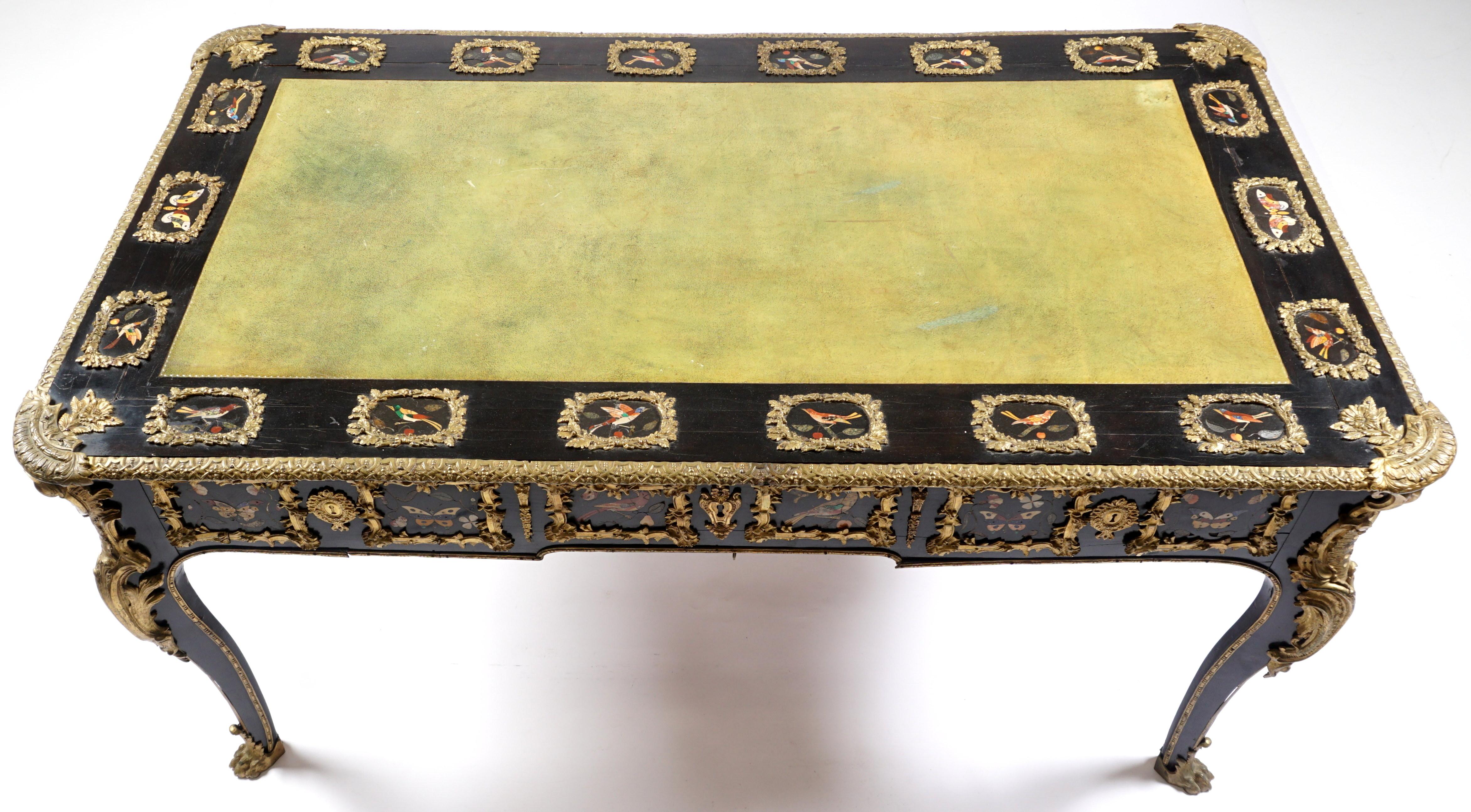 French Ormolu and Pietra Dura Mounted Ebonized Bureau Plat 10