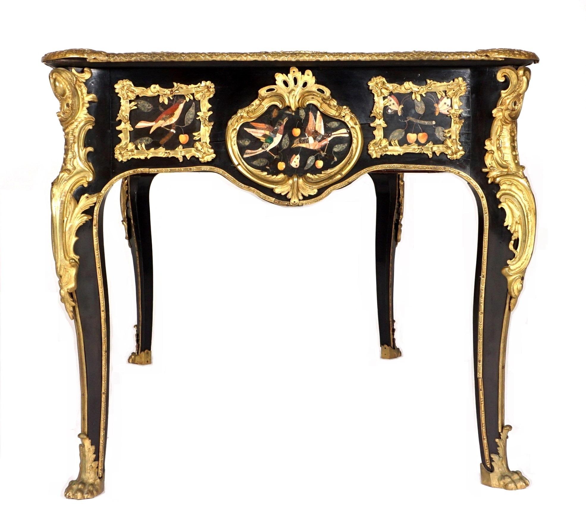 French Ormolu and Pietra Dura Mounted Ebonized Bureau Plat 14