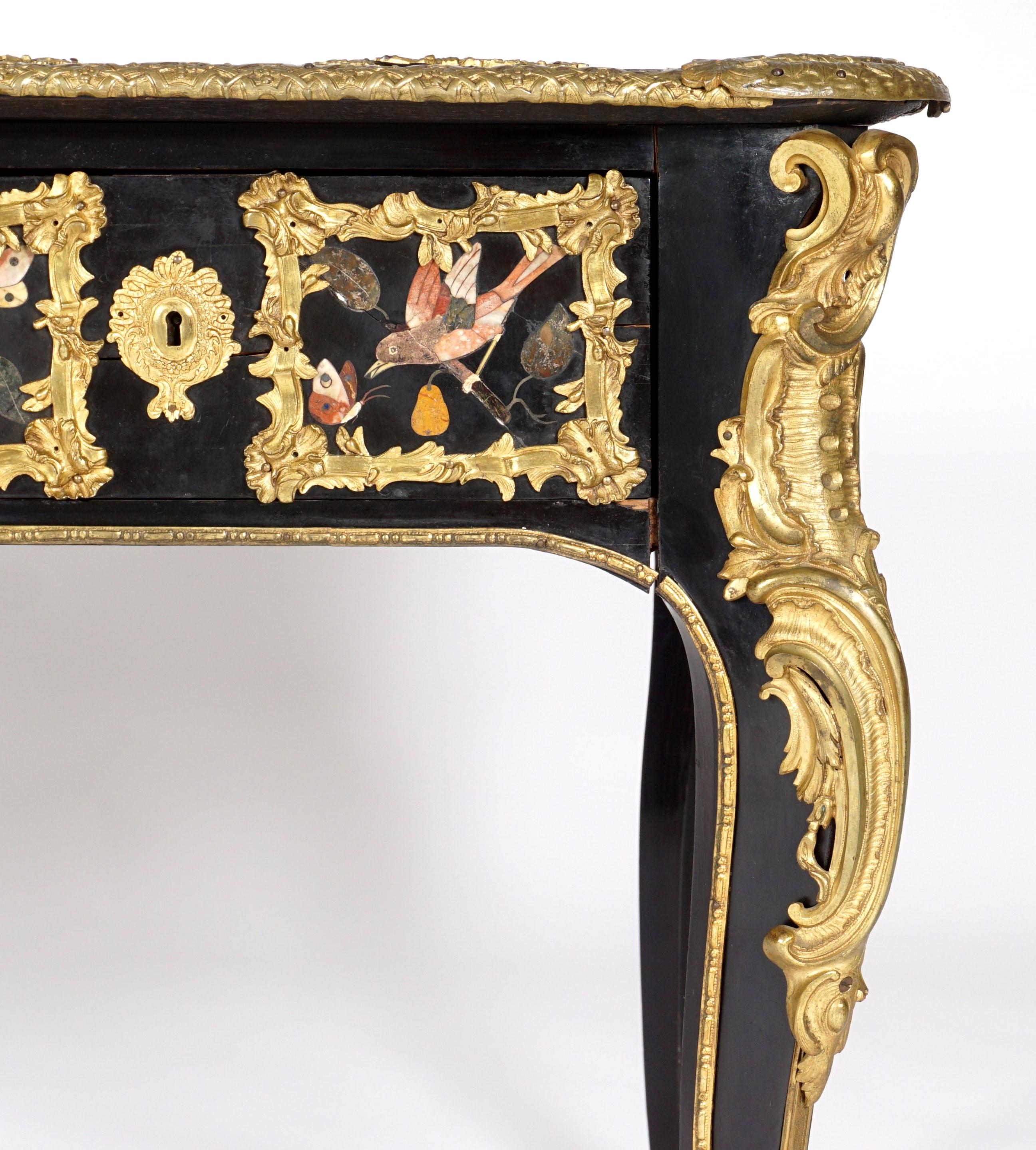 French Ormolu and Pietra Dura Mounted Ebonized Bureau Plat In Good Condition In Bradenton, FL