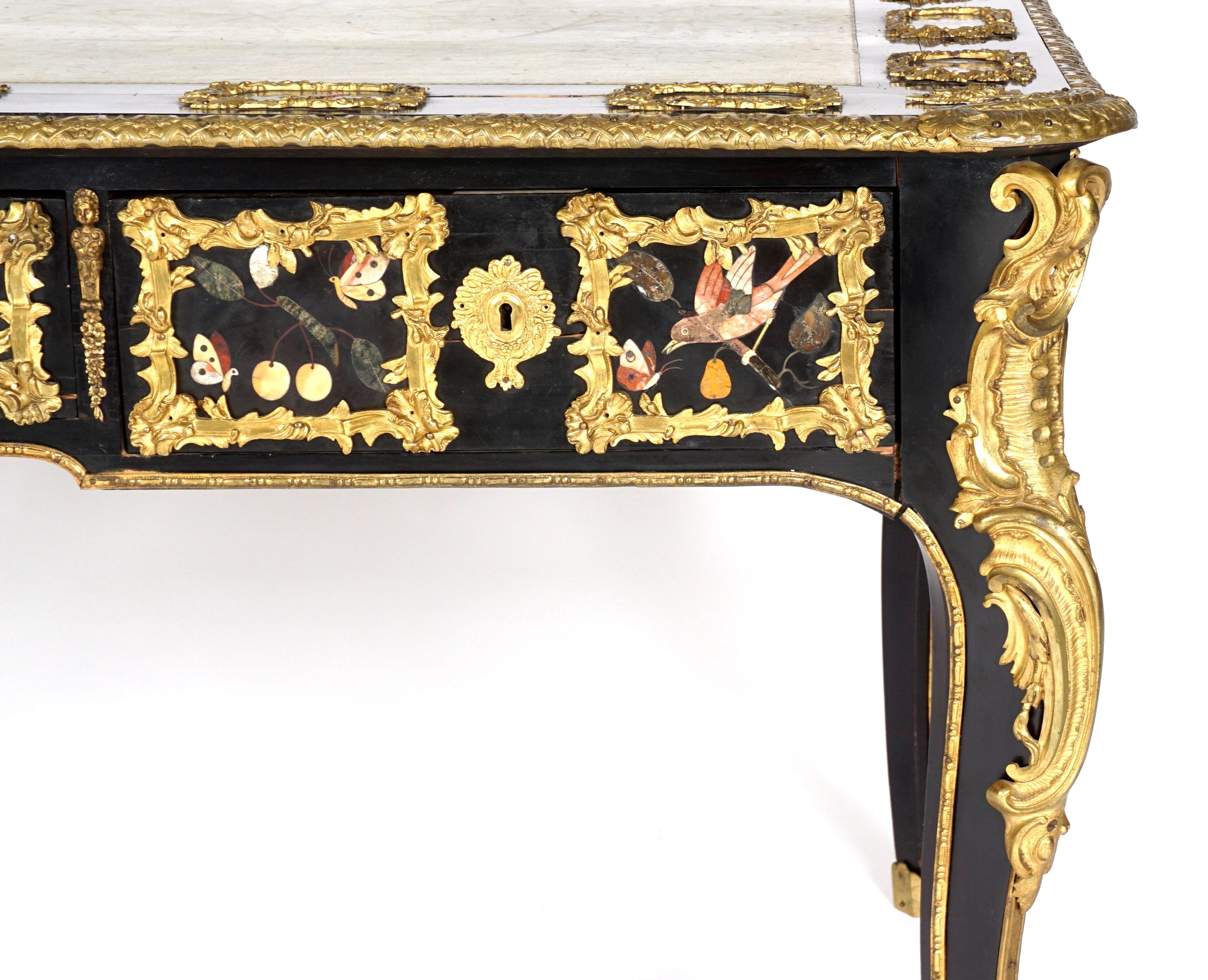 19th Century French Ormolu and Pietra Dura Mounted Ebonized Bureau Plat