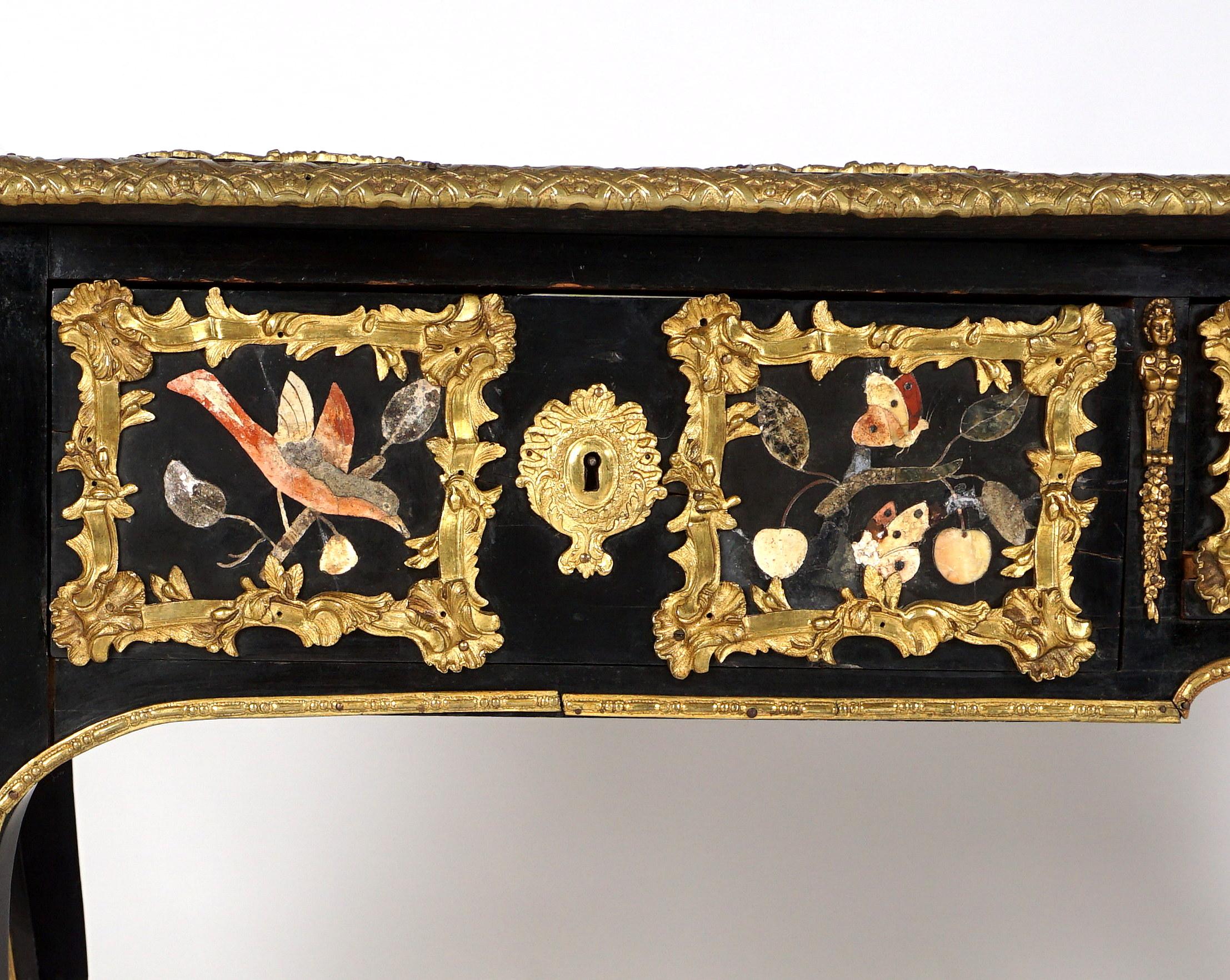 Bronze French Ormolu and Pietra Dura Mounted Ebonized Bureau Plat