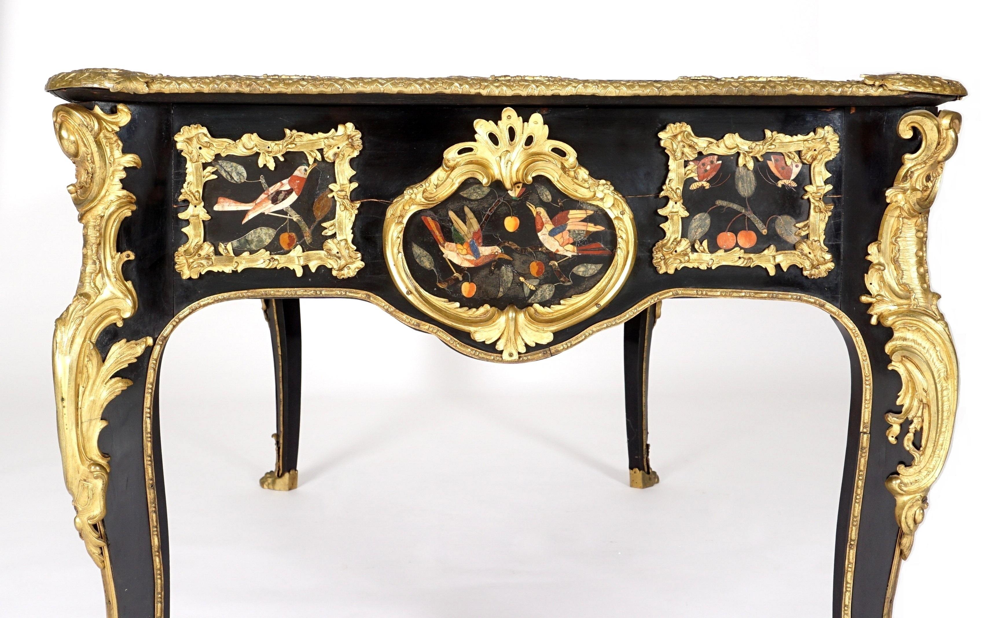 French Ormolu and Pietra Dura Mounted Ebonized Bureau Plat 3