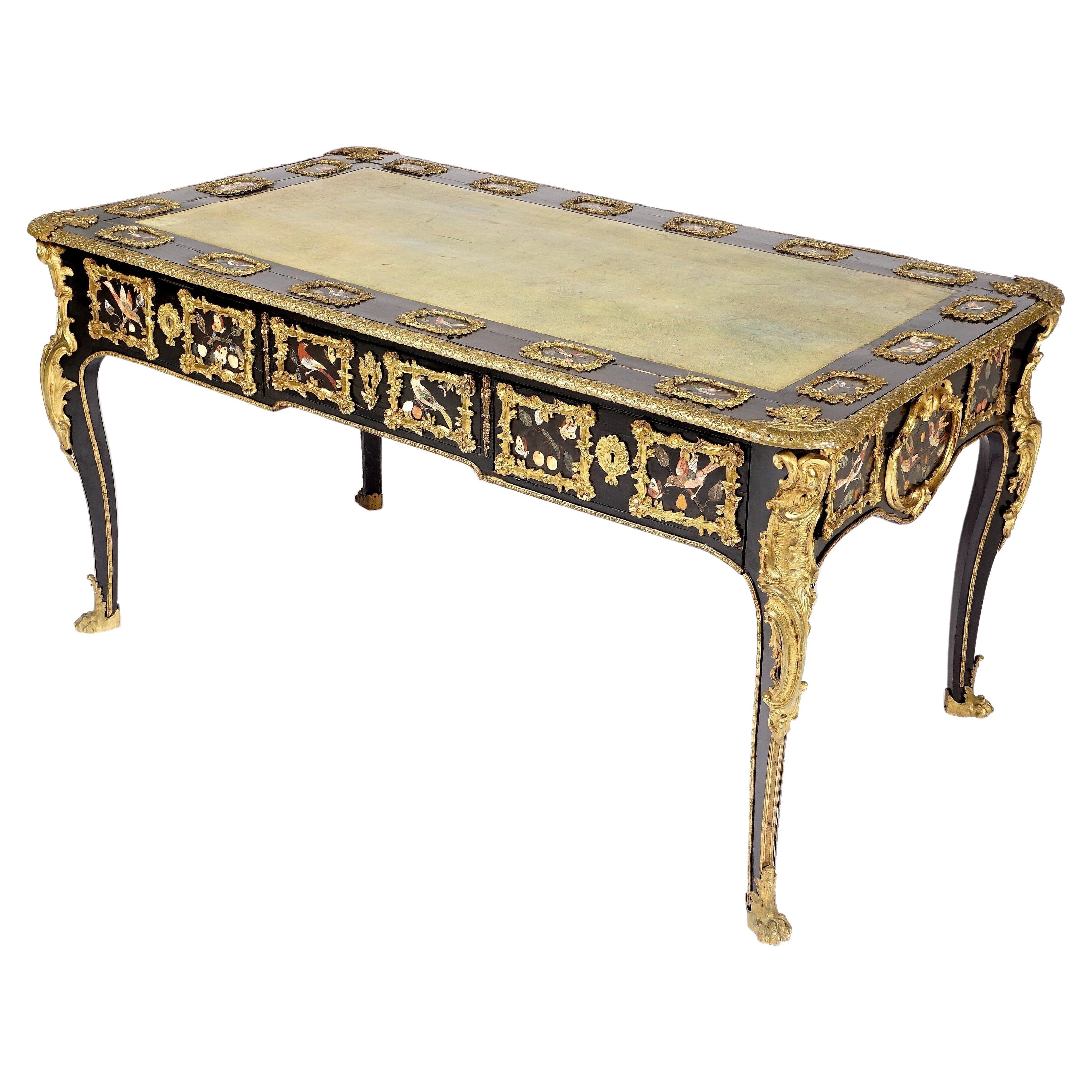 French Ormolu and Pietra Dura Mounted Ebonized Bureau Plat