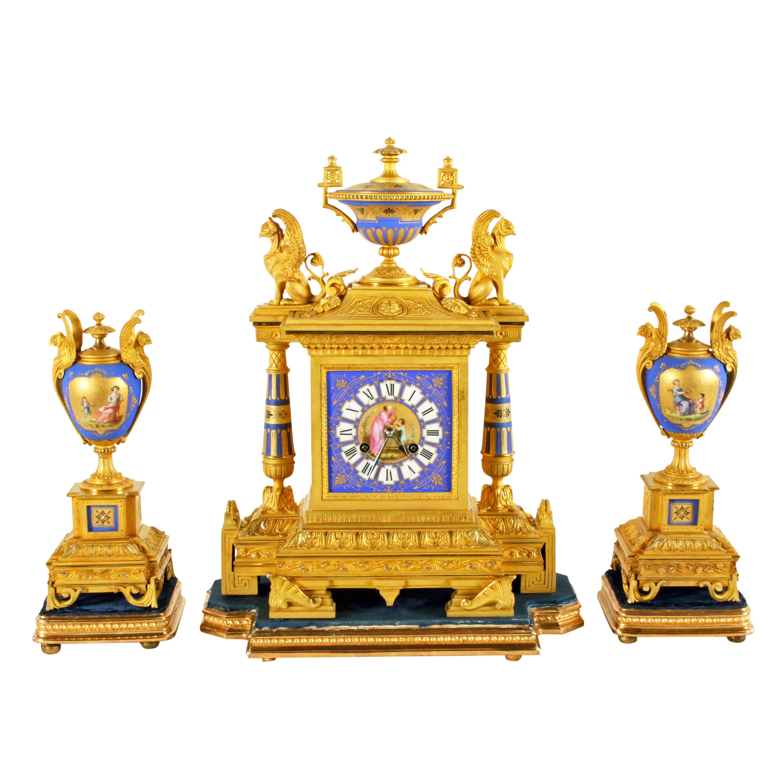 Fine 19th Century Second Empire French Ormolu and Porcelain Clock Garniture For Sale