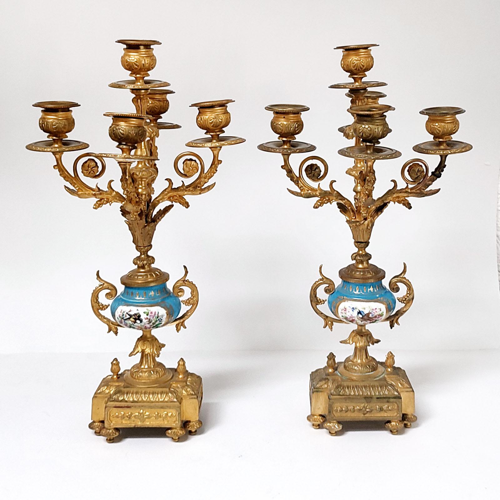 French Ormolu and Porcelain Mantle Clock and Pair of Candelabra, 19th Century 6