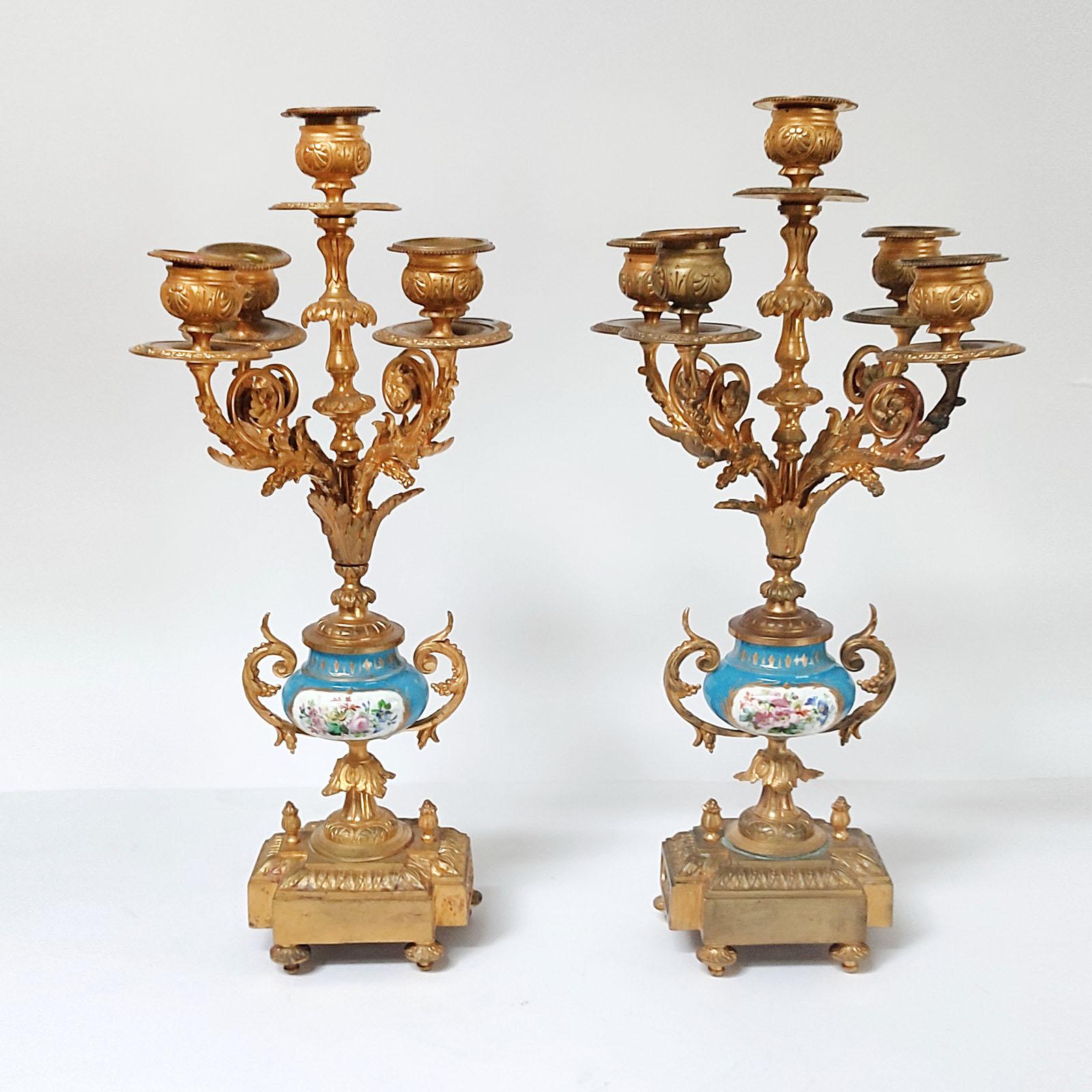 French Ormolu and Porcelain Mantle Clock and Pair of Candelabra, 19th Century 9