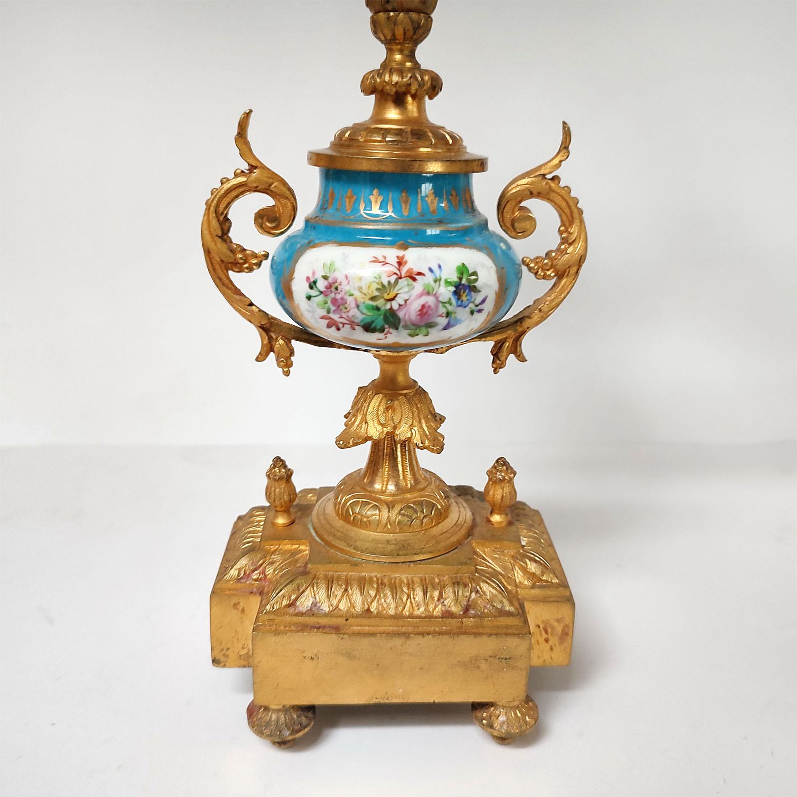 French Ormolu and Porcelain Mantle Clock and Pair of Candelabra, 19th Century 10