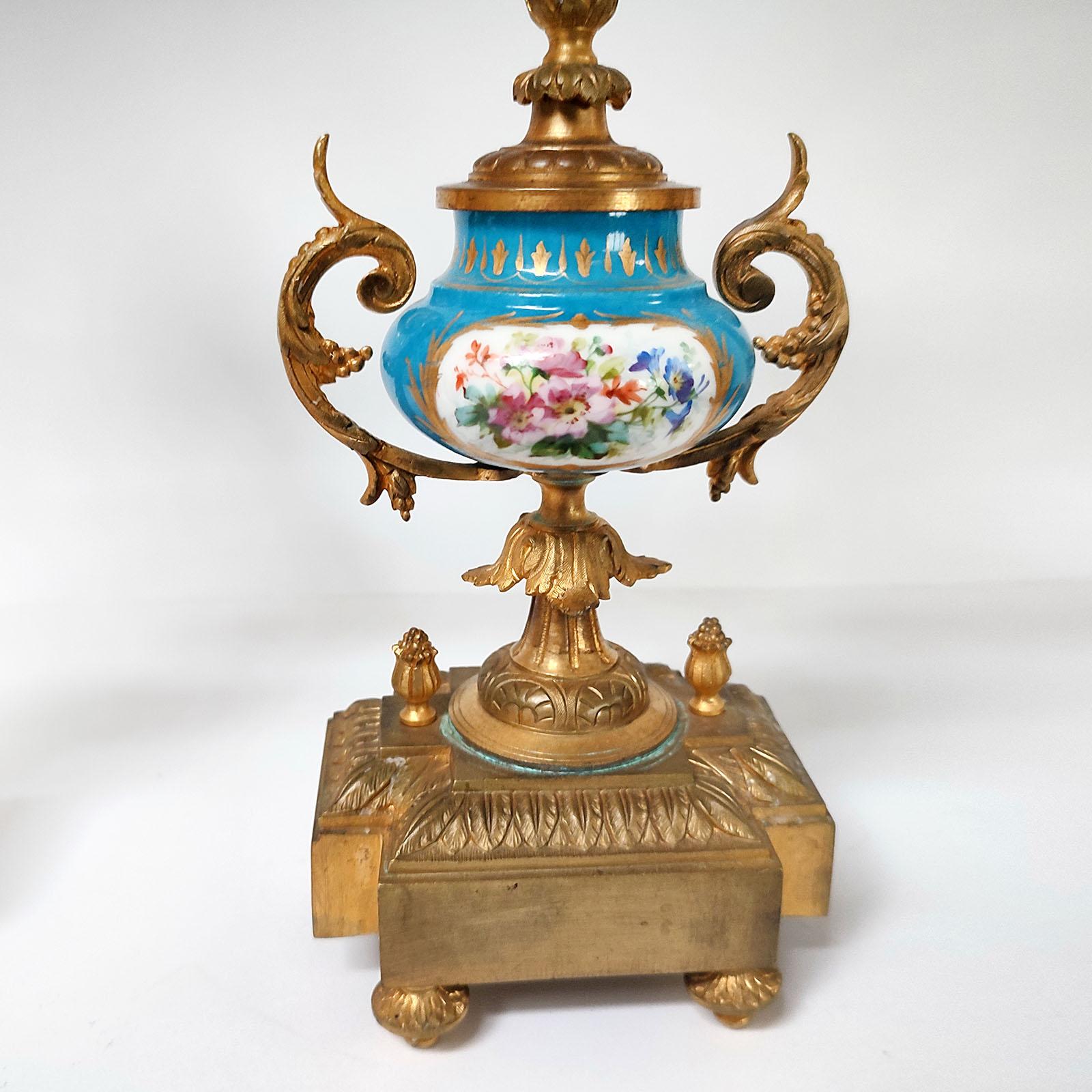 French Ormolu and Porcelain Mantle Clock and Pair of Candelabra, 19th Century 11