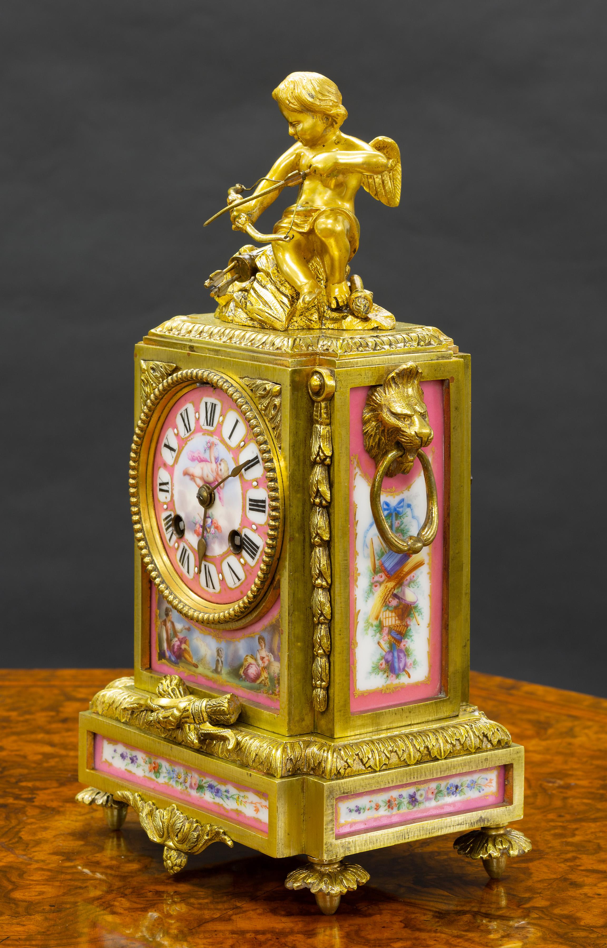 Louis XV French Ormolu and Porcelain Panel Mantel Clock