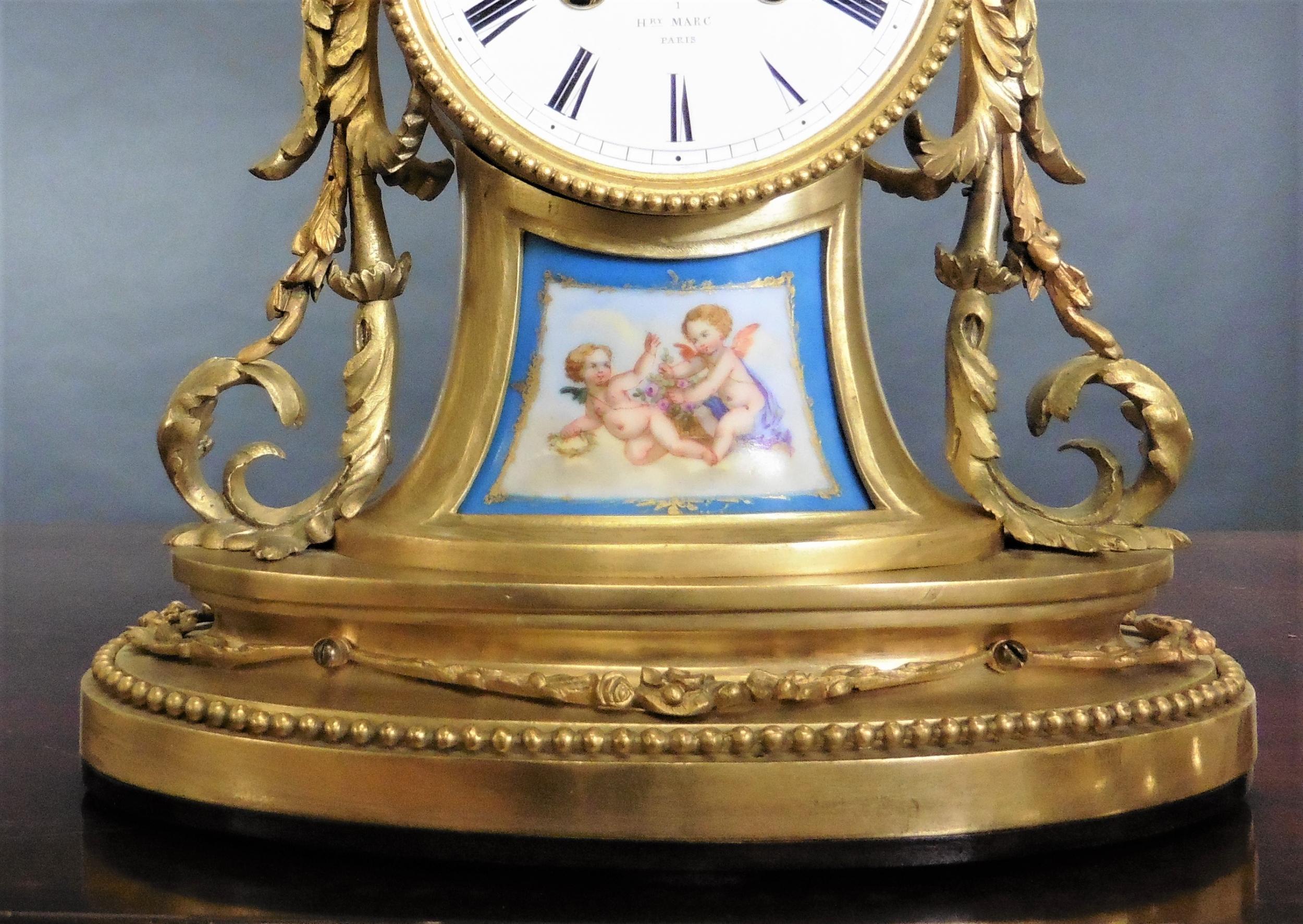 French Ormolu and Porcelain Panel Mantel Clock For Sale 2