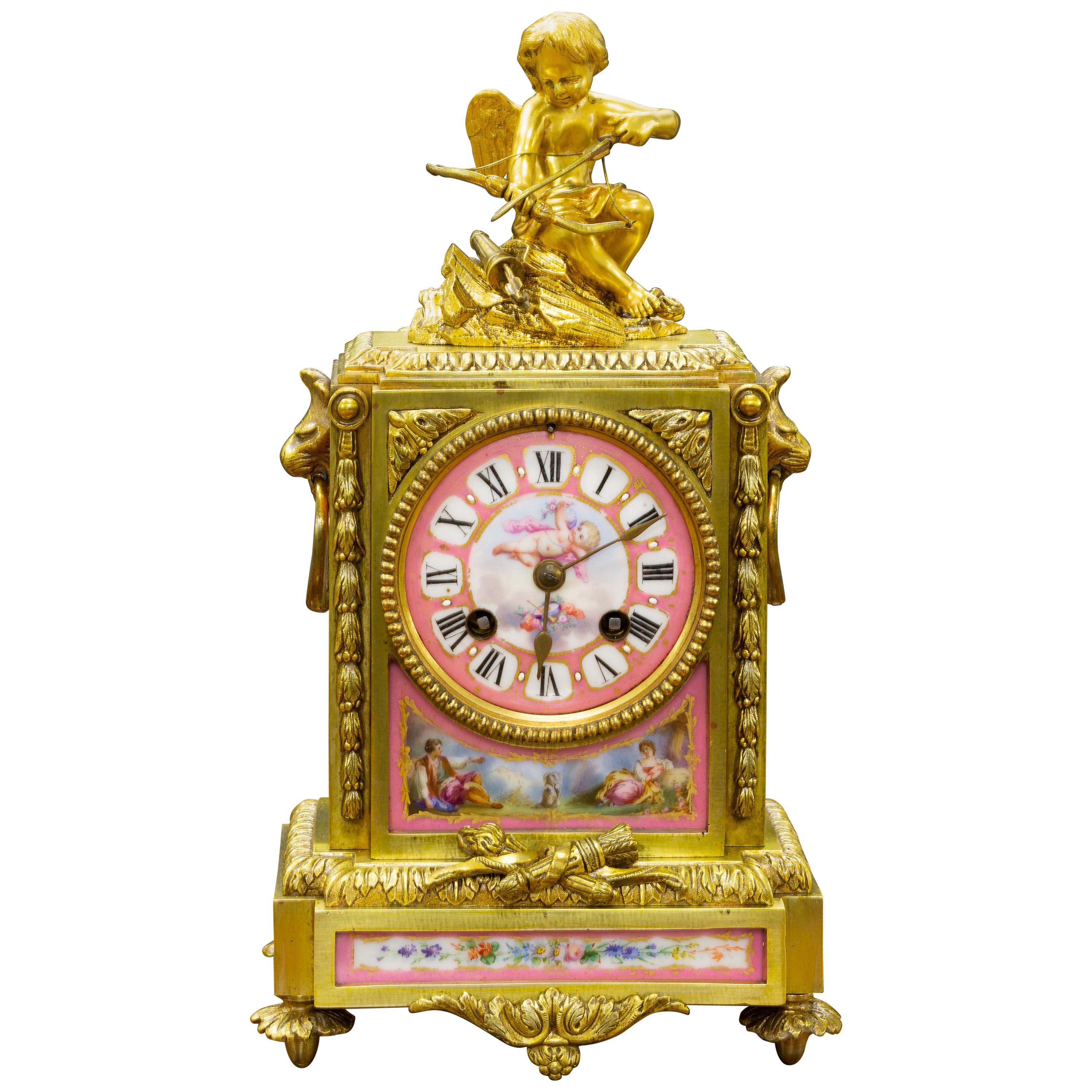 French Ormolu and Porcelain Panel Mantel Clock