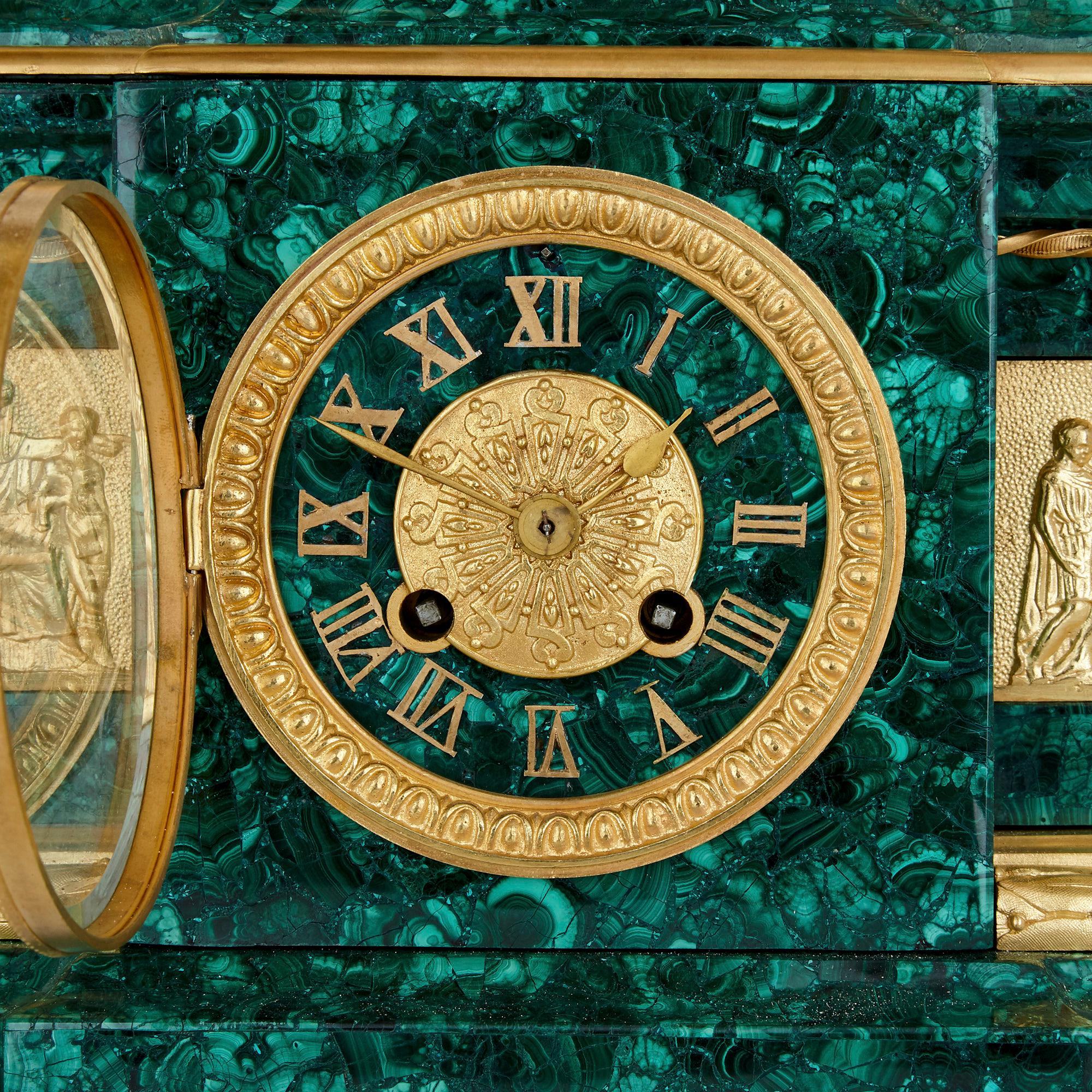 French Ormolu and Silvered Bronze Mounted Malachite Three-Piece Clock Set In Good Condition For Sale In London, GB