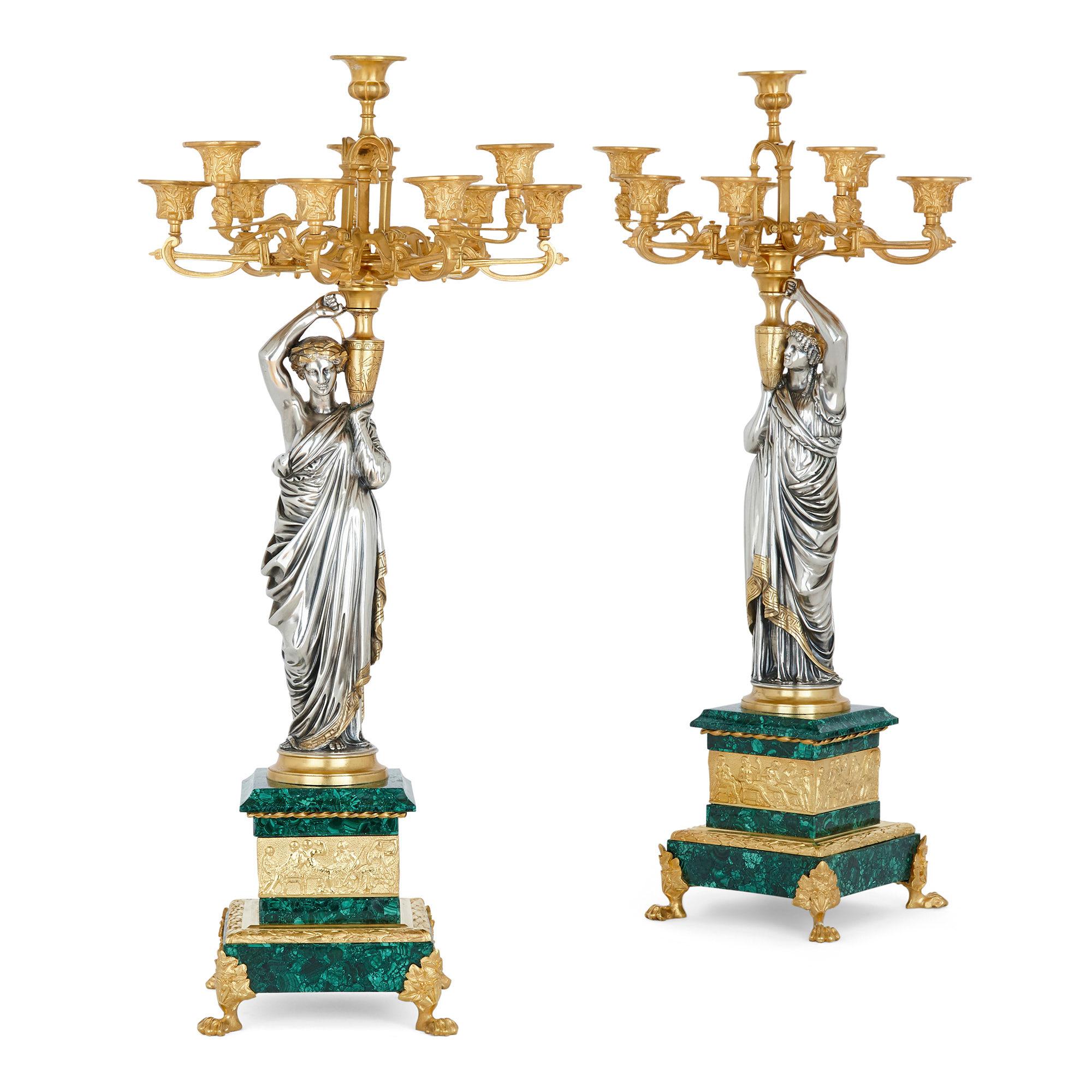 French Ormolu and Silvered Bronze Mounted Malachite Three-Piece Clock Set For Sale 3