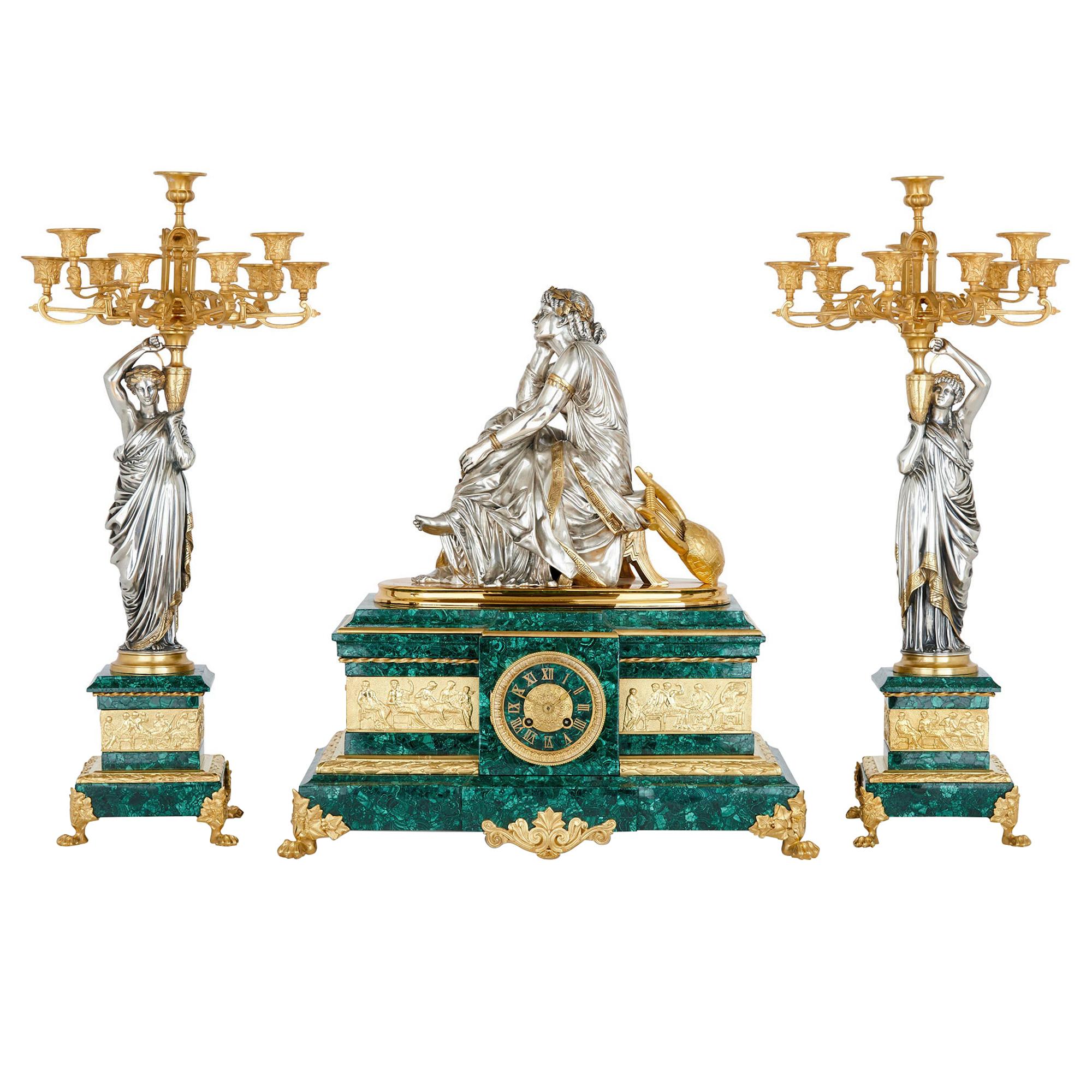 French Ormolu and Silvered Bronze Mounted Malachite Three-Piece Clock Set For Sale