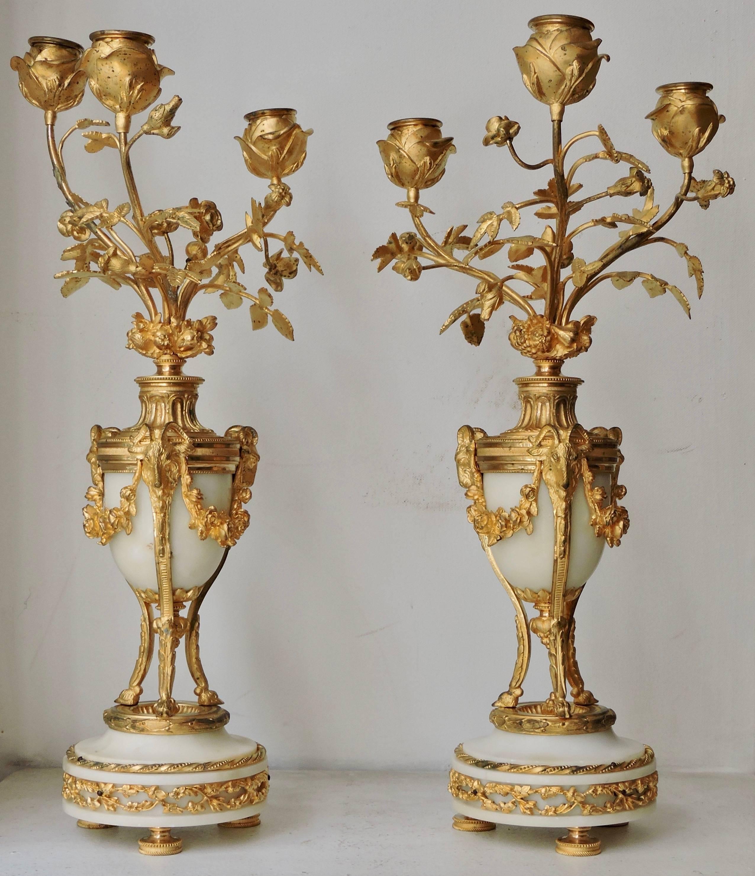 French Ormolu and White Marble Three-Piece Lyre Shaped Clock Garniture 5