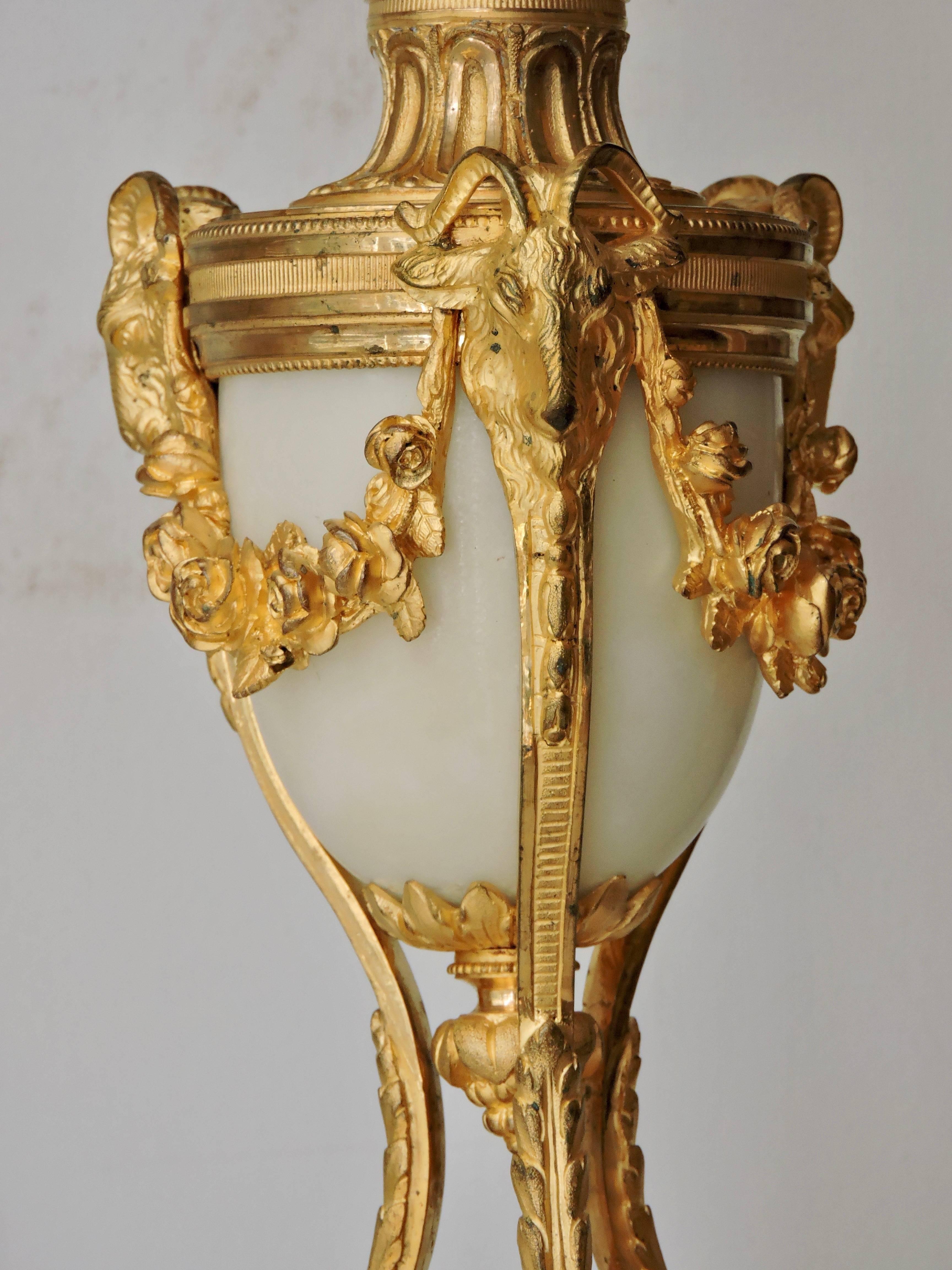 French Ormolu and White Marble Three-Piece Lyre Shaped Clock Garniture 11