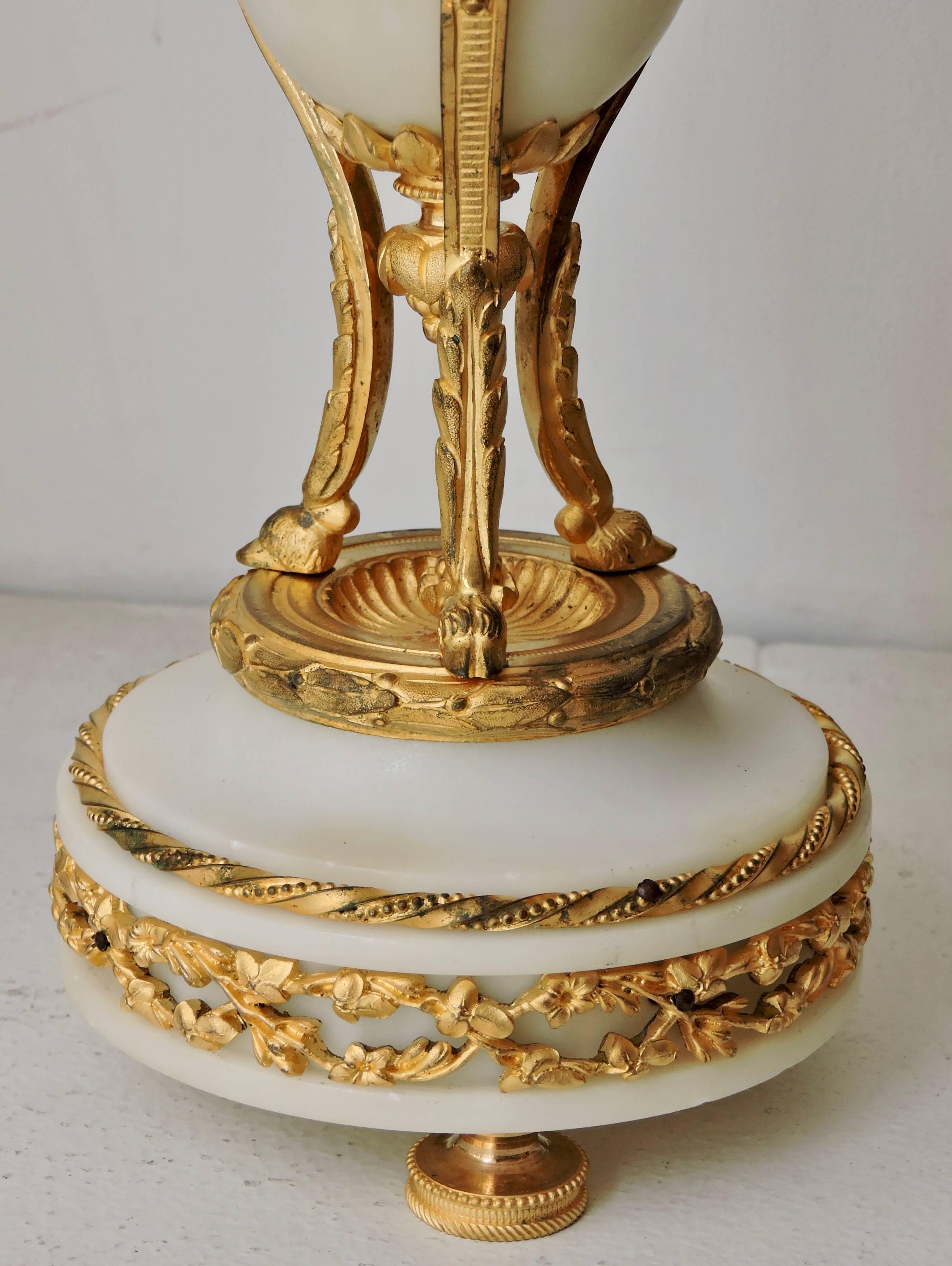 French Ormolu and White Marble Three-Piece Lyre Shaped Clock Garniture 12