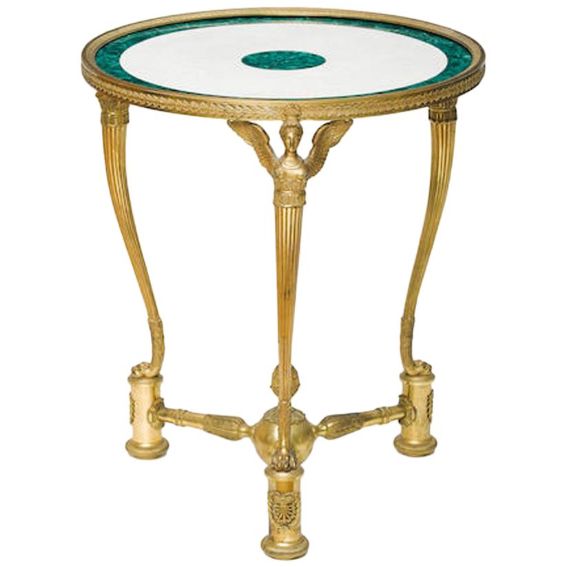 Mesa Gueridón Francesa de Bronce Ormolu, Malaquita y Mármol Blanco, circa 1870