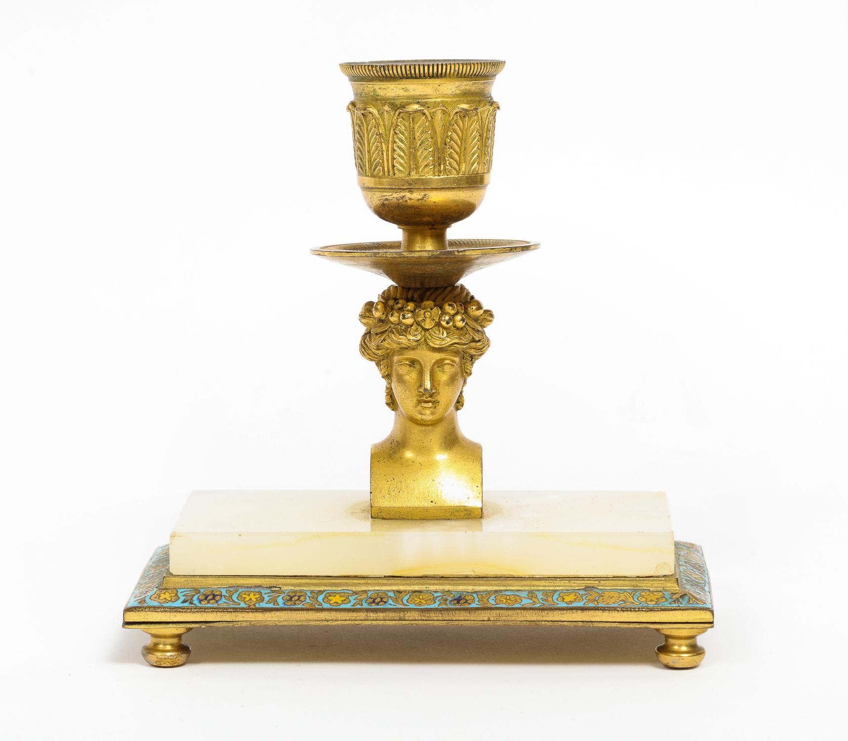 French Ormolu Bronze, Onyx, and Champlevé Cloisonné Enamel Desk Set, Inkwell 9