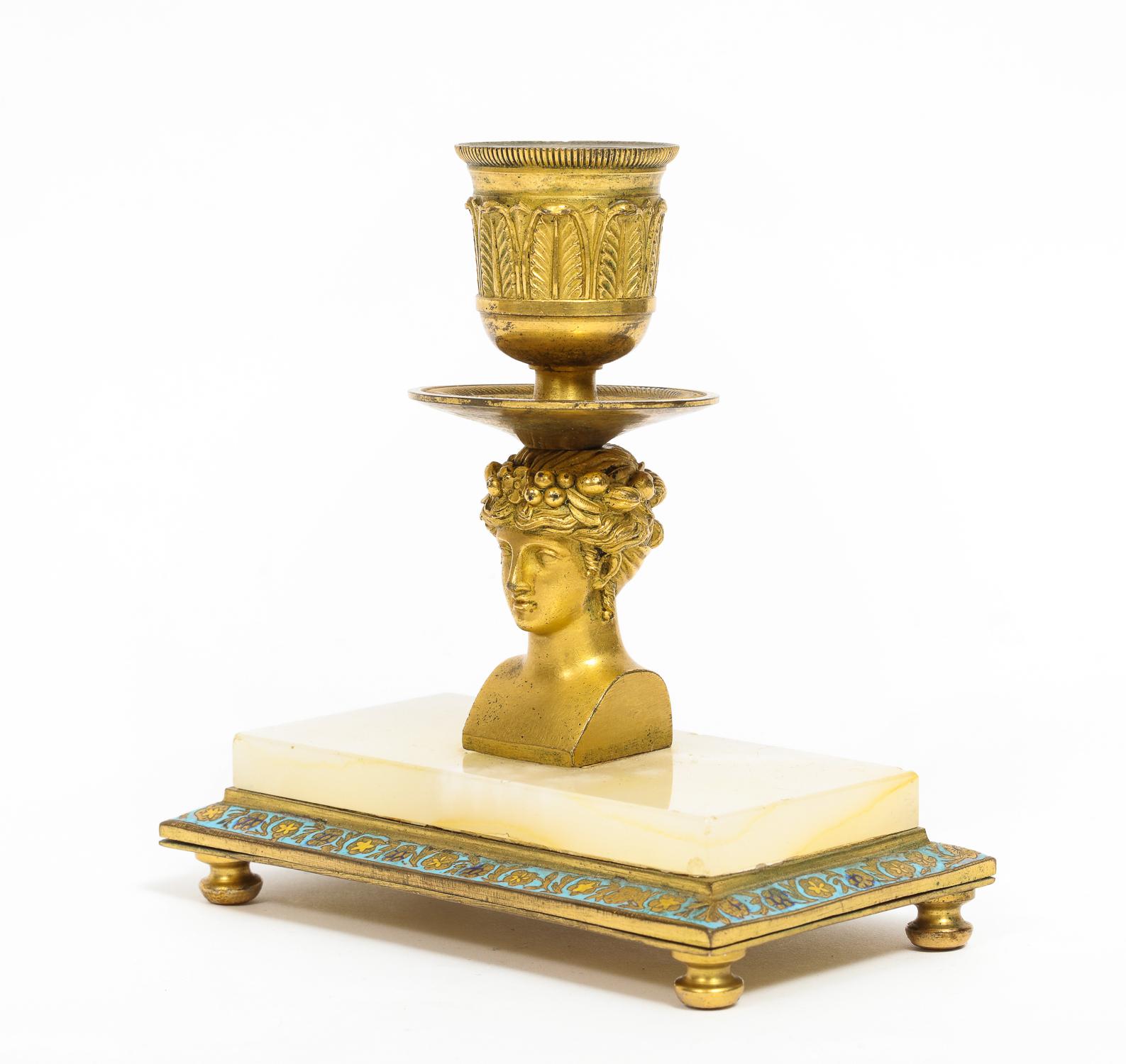 French Ormolu Bronze, Onyx, and Champlevé Cloisonné Enamel Desk Set, Inkwell 10