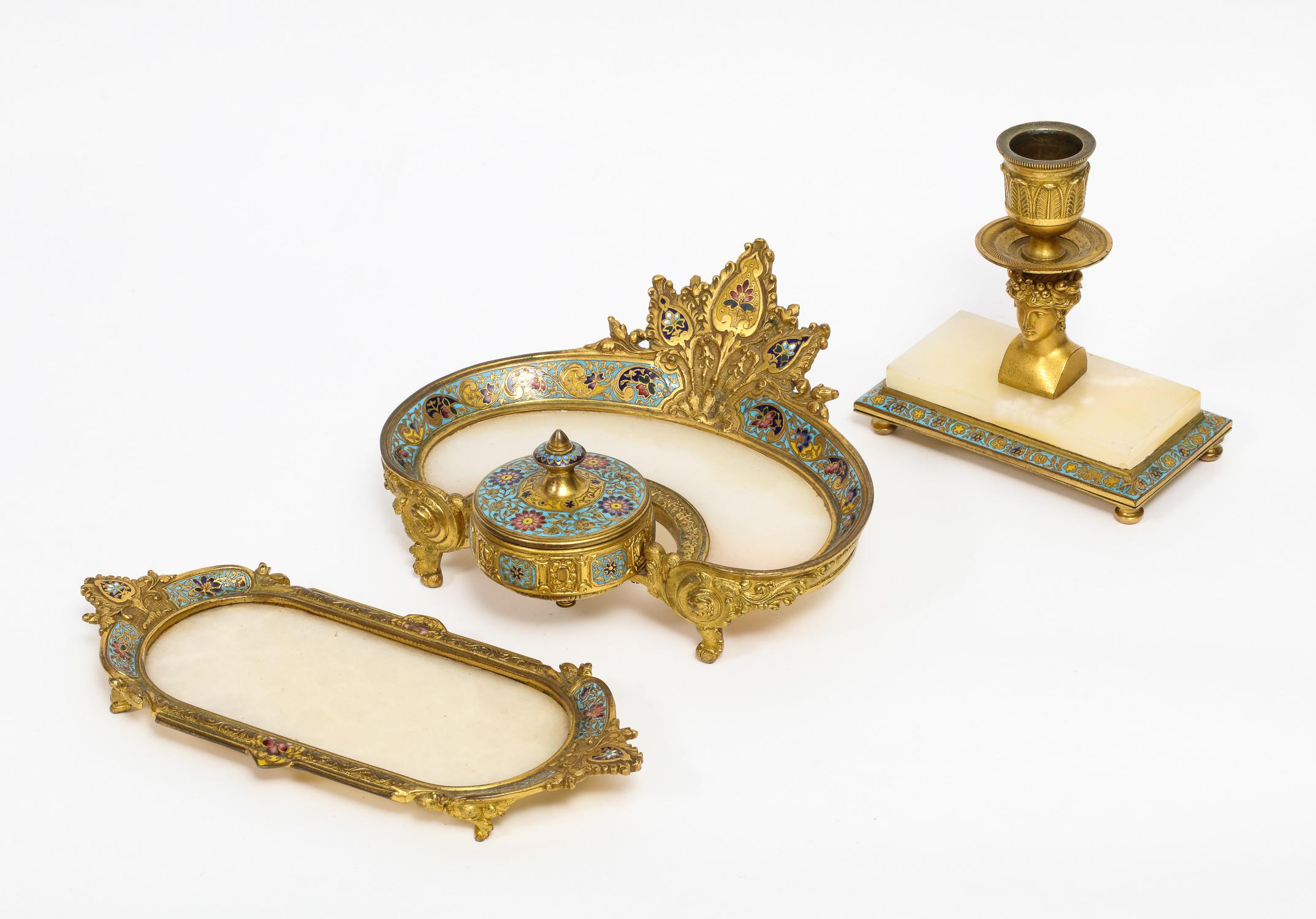 Napoleon III French Ormolu Bronze, Onyx, and Champlevé Cloisonné Enamel Desk Set, Inkwell