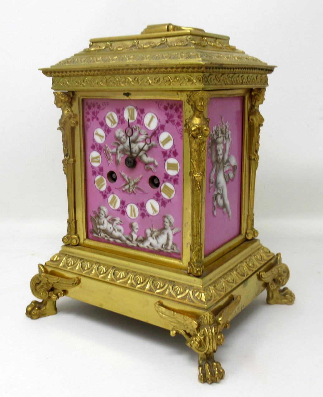 Victorian French Ormolu Bronze Sèvres Pompadour Pink Porcelain Mantle Carriage Clock 19ct 