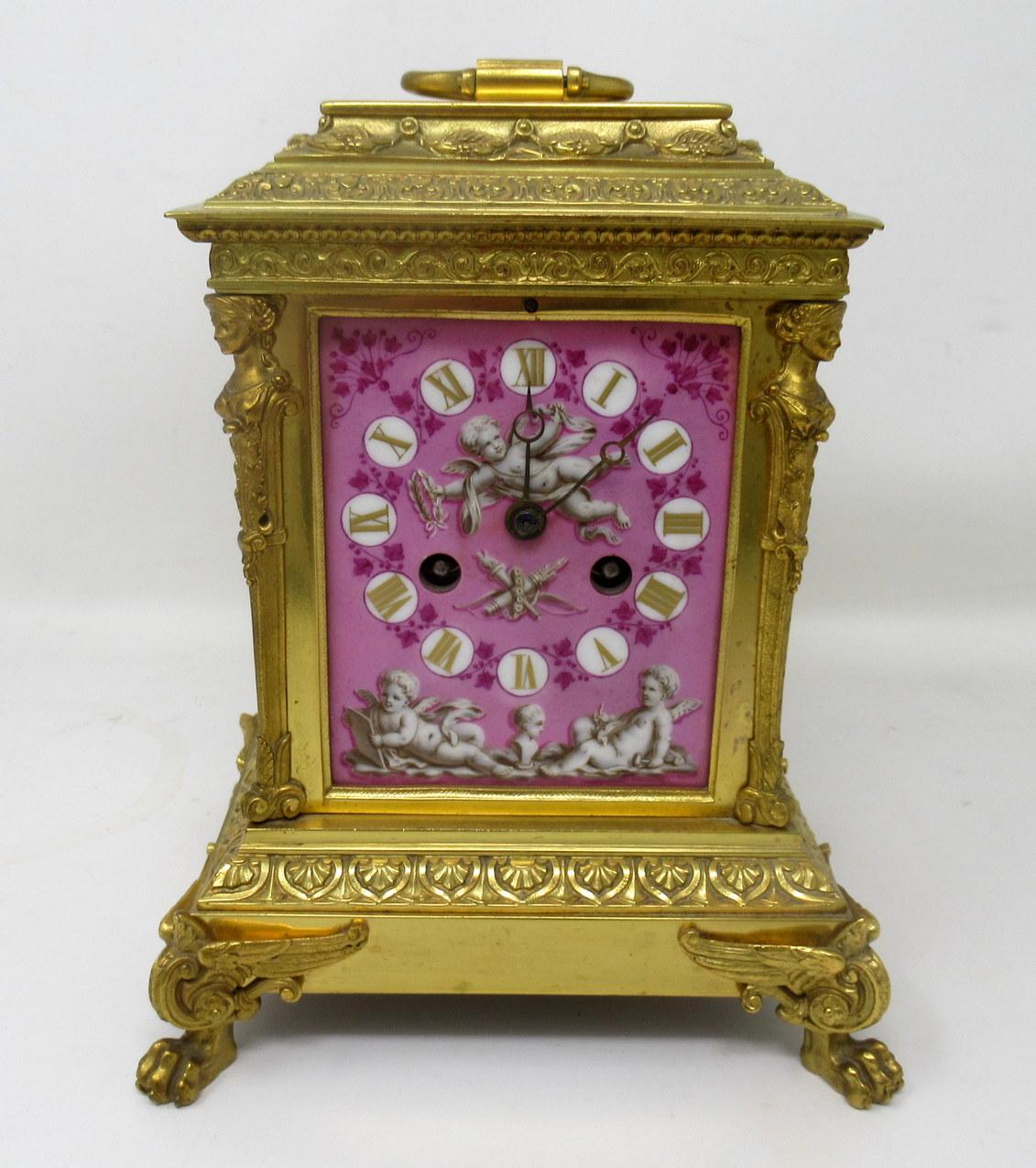 Hand-Painted French Ormolu Bronze Sèvres Pompadour Pink Porcelain Mantle Carriage Clock 19ct 