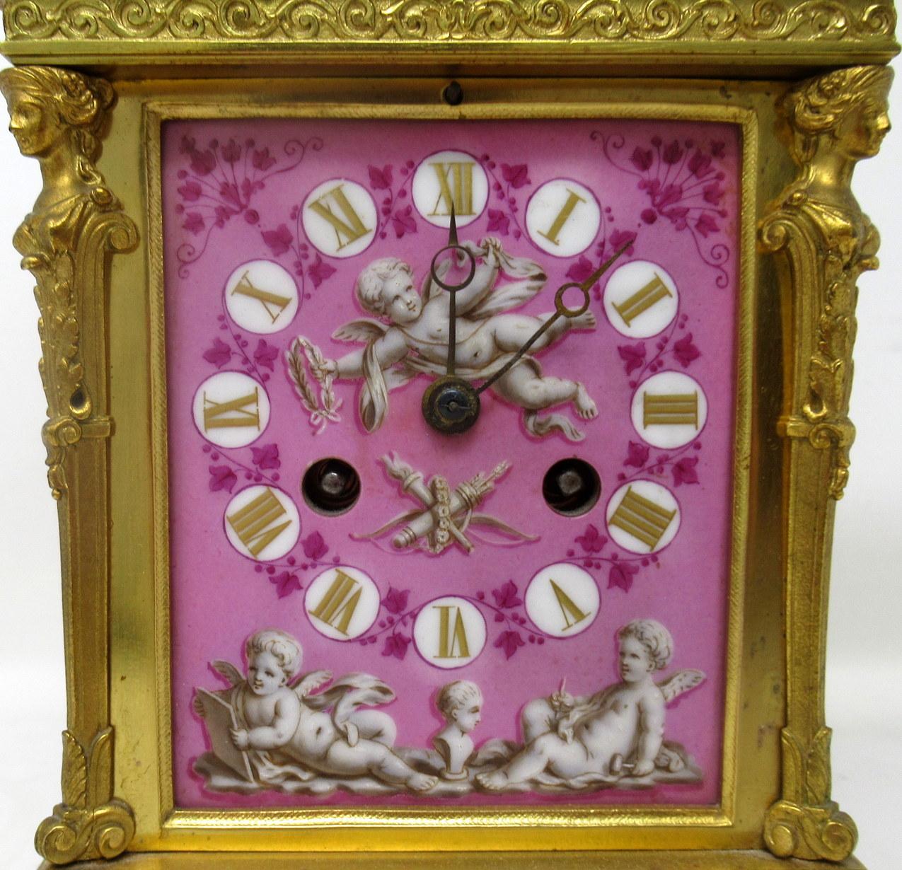 French Ormolu Bronze Sèvres Pompadour Pink Porcelain Mantle Carriage Clock 19ct  In Good Condition In Dublin, Ireland