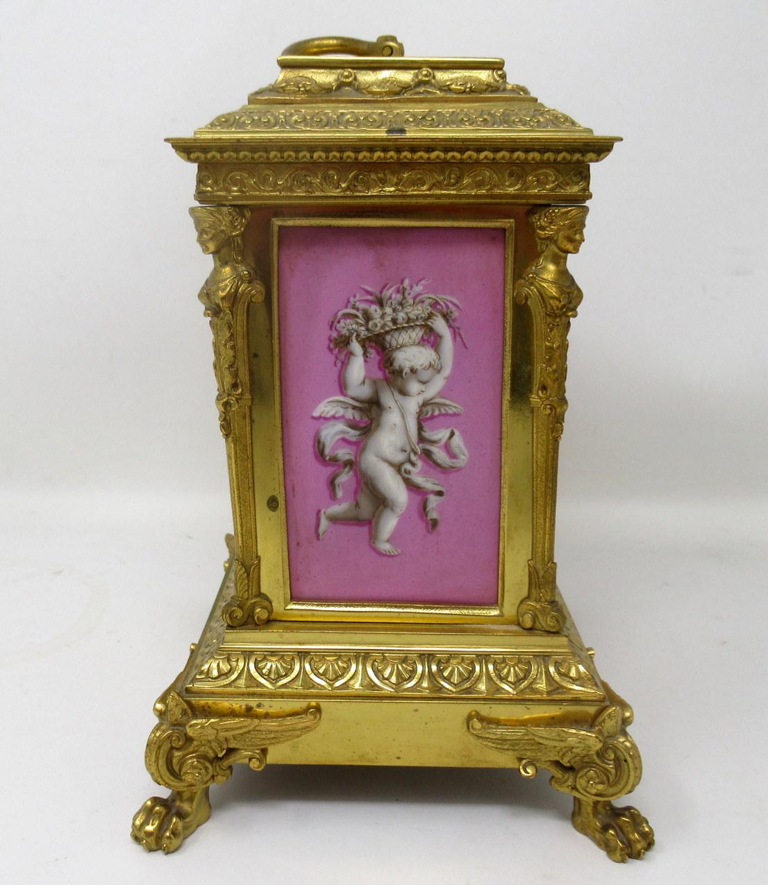 French Ormolu Bronze Sèvres Pompadour Pink Porcelain Mantle Carriage Clock 19ct  2