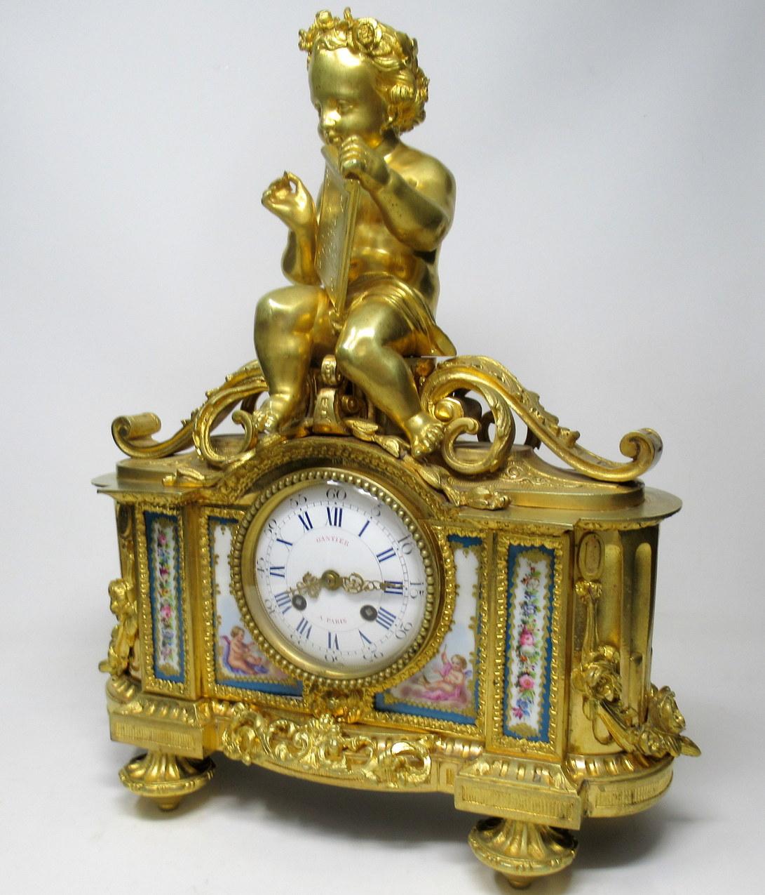 A fine early to mid-19th century French Ormolu and Porcelain Mounted mantel (fireplace) Clock of outstanding Quality and impressive proportions. Eight-day duration movement, striking the hours and half hours on a bell, with an outside
