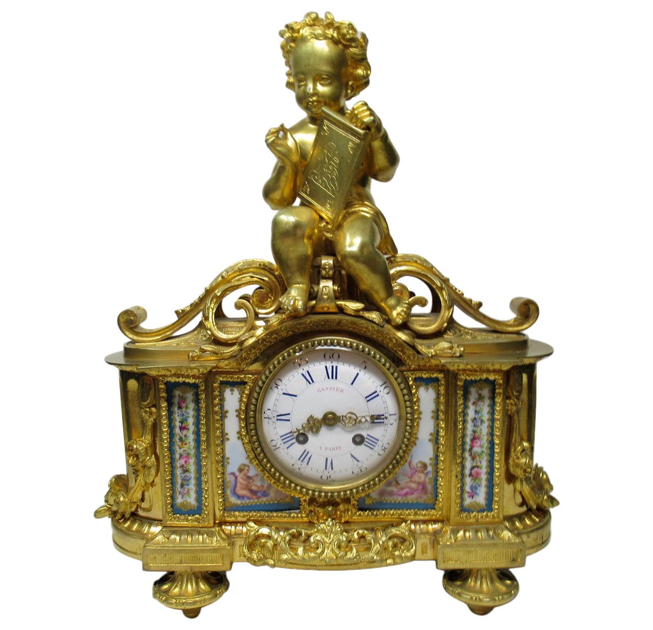 French Ormolu Bronze Sèvres Porcelain Mantle Clock Vincenti et Cie, Paris