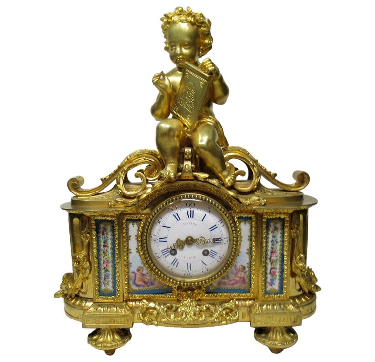 French Ormolu Bronze Sèvres Porcelain Mantle Clock Vincenti et Cie, Paris For Sale