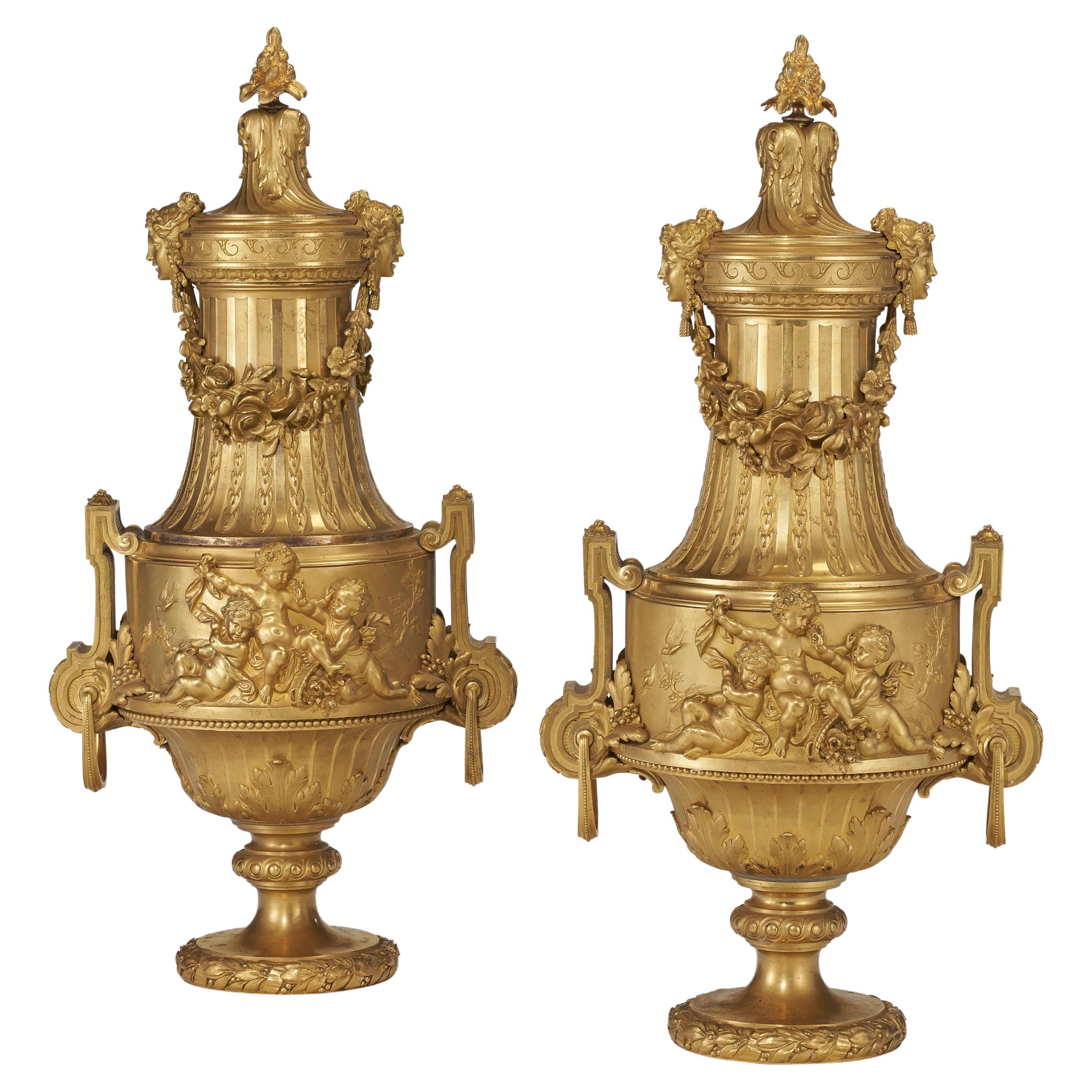 French Ormolu Bronze Urns by Maxime Secrétant  For Sale