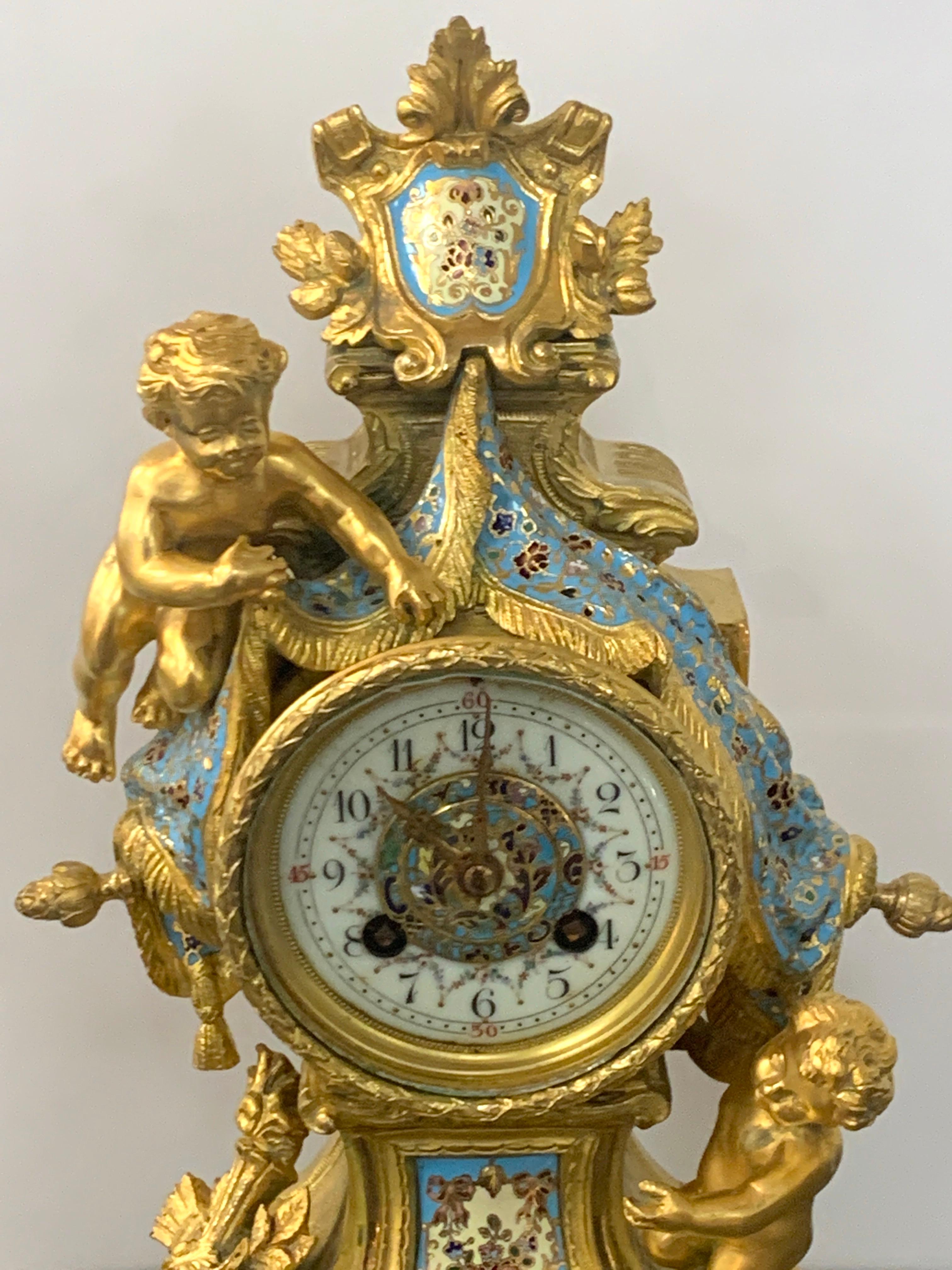 Belle Époque French Ormolu & Champlevé Enamel Draped Putti Motif Clock, Paris, 1890s For Sale