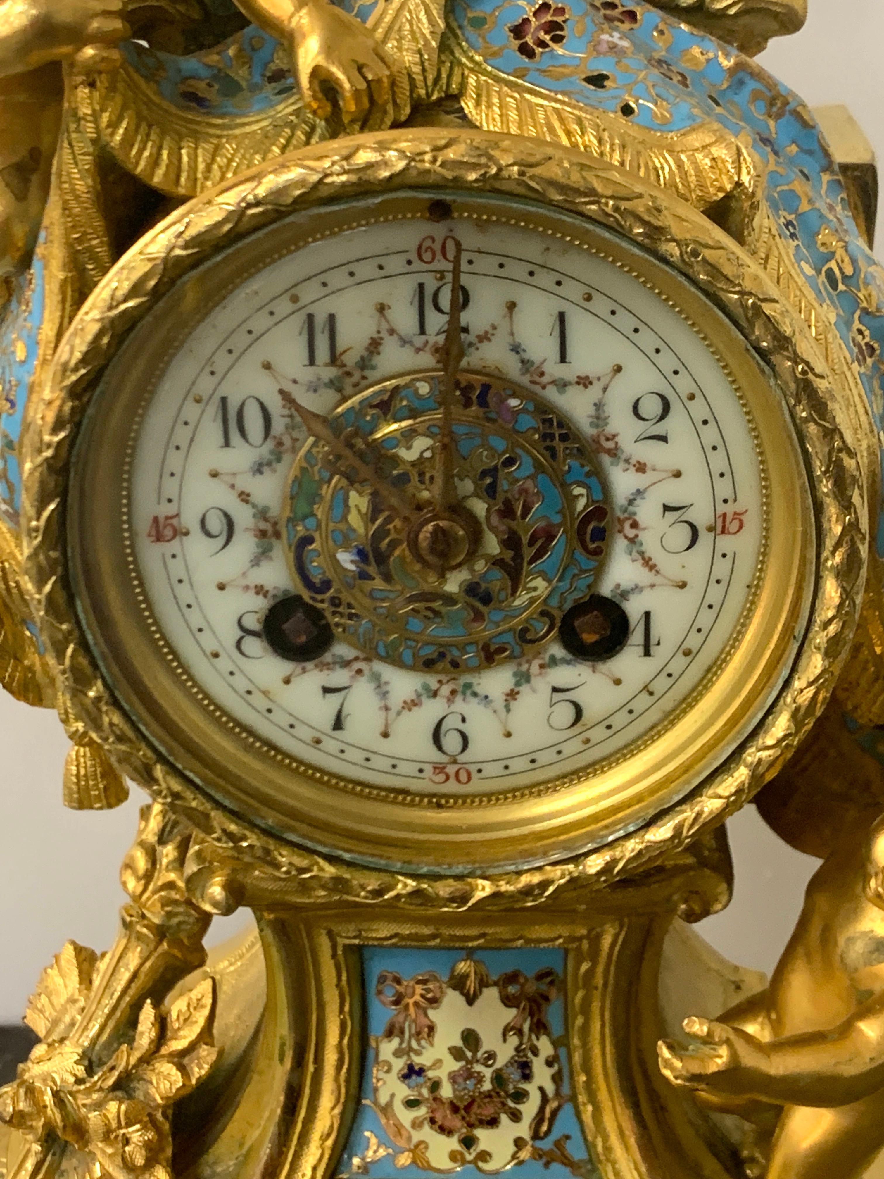Enameled French Ormolu & Champlevé Enamel Draped Putti Motif Clock, Paris, 1890s For Sale