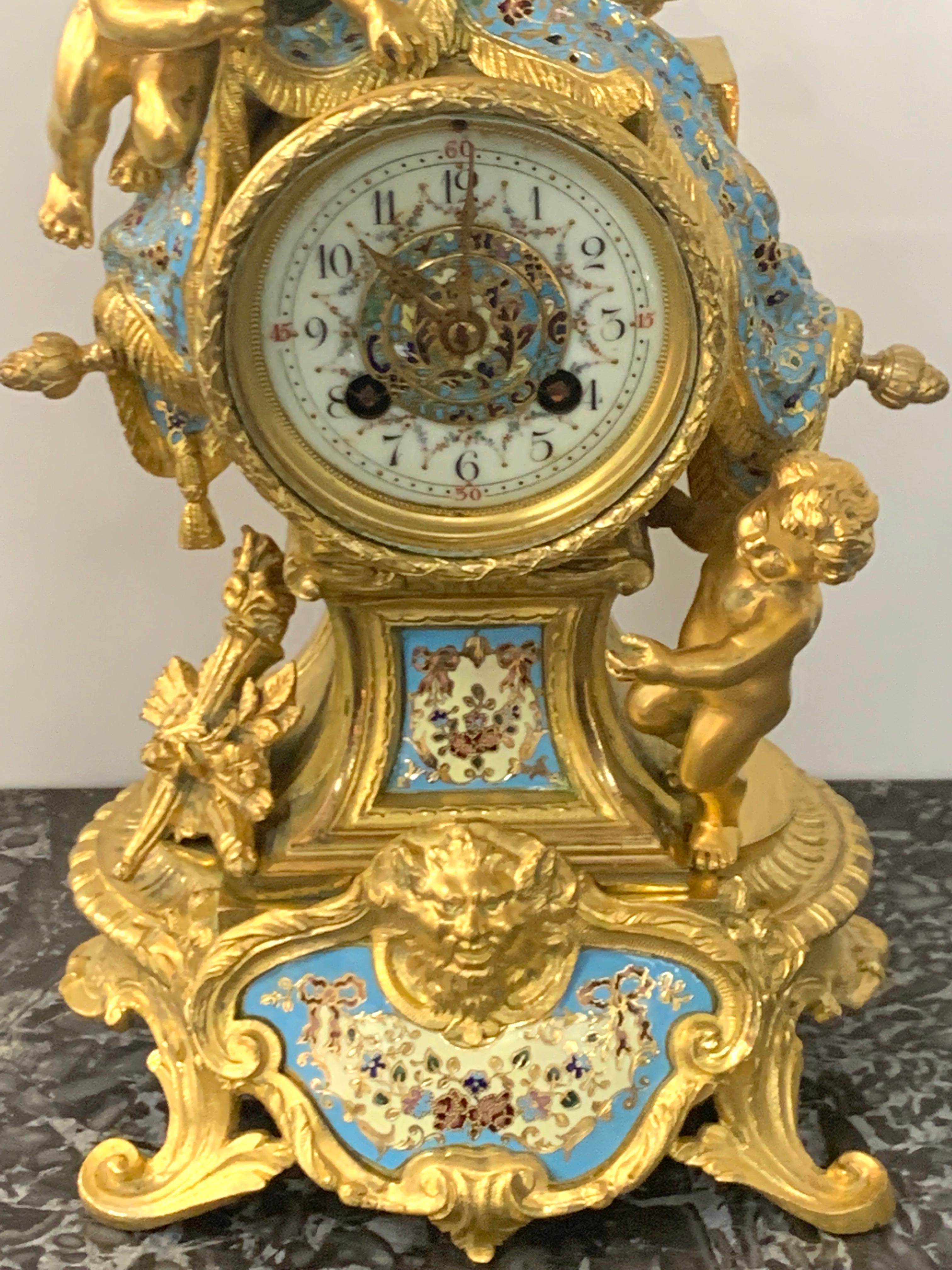 French Ormolu & Champlevé Enamel Draped Putti Motif Clock, Paris, 1890s In Good Condition For Sale In Atlanta, GA