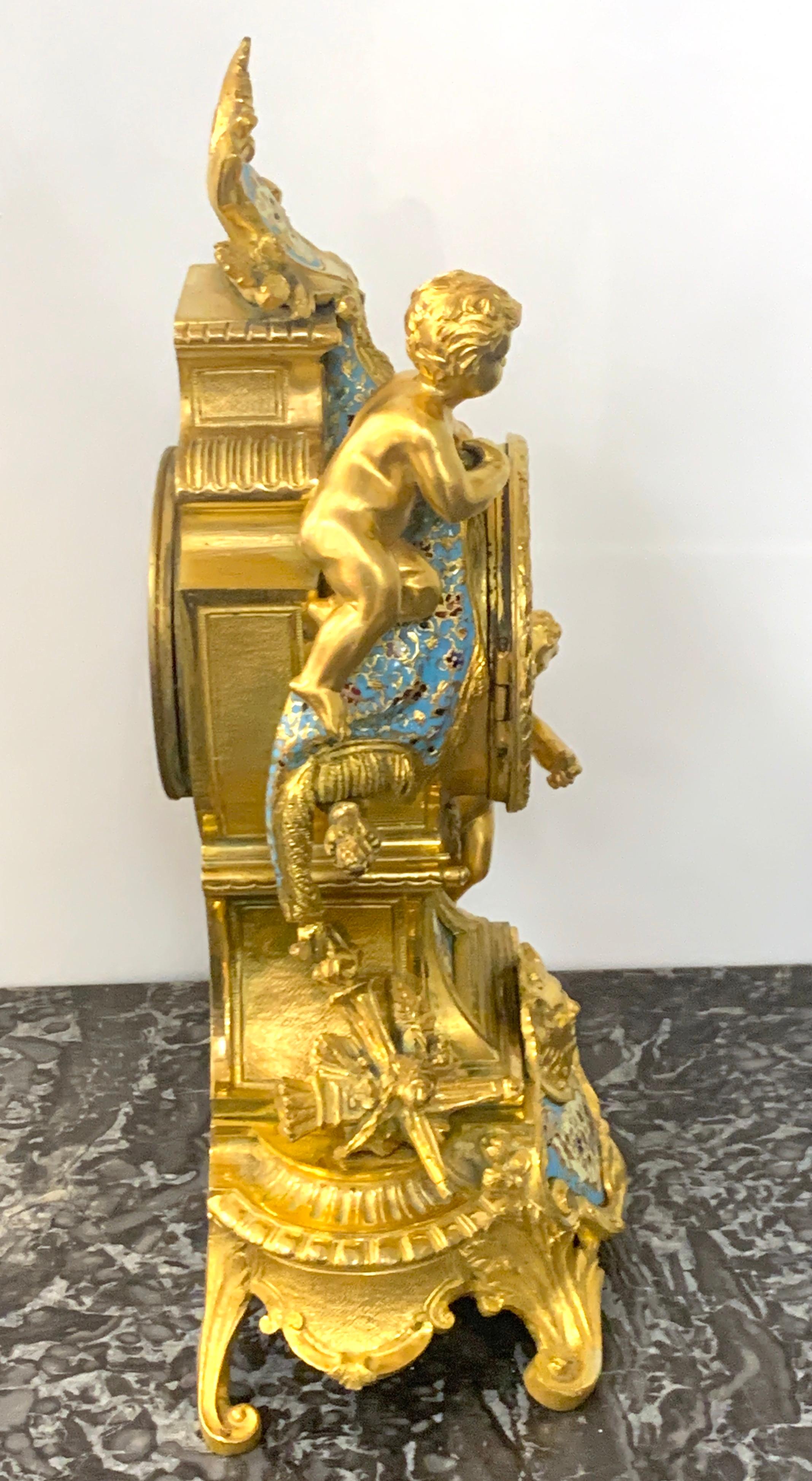 19th Century French Ormolu & Champlevé Enamel Draped Putti Motif Clock, Paris, 1890s For Sale