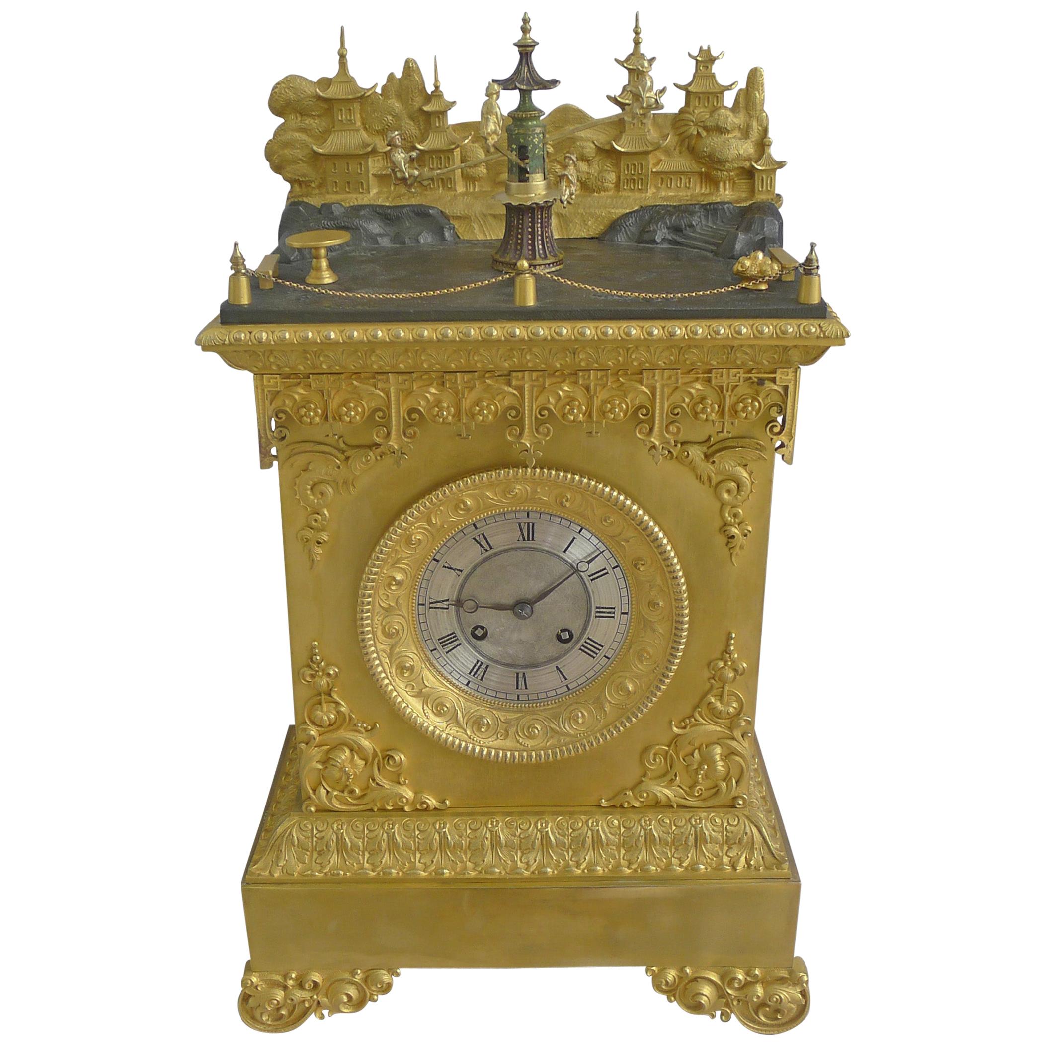 French Ormolu Chinoiserie Automaton Mantel Clock attributed to J.F Houdin