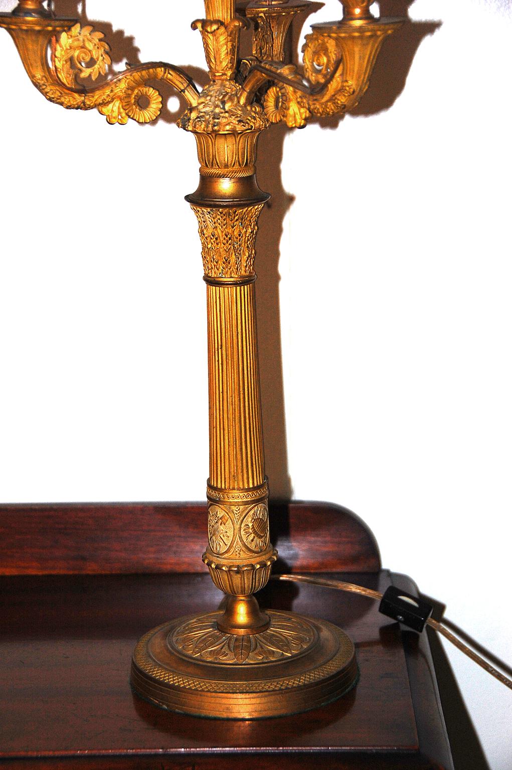 19th Century French Ormolu Electrified Three-Light Candelabra with Adjustable Tole Shade