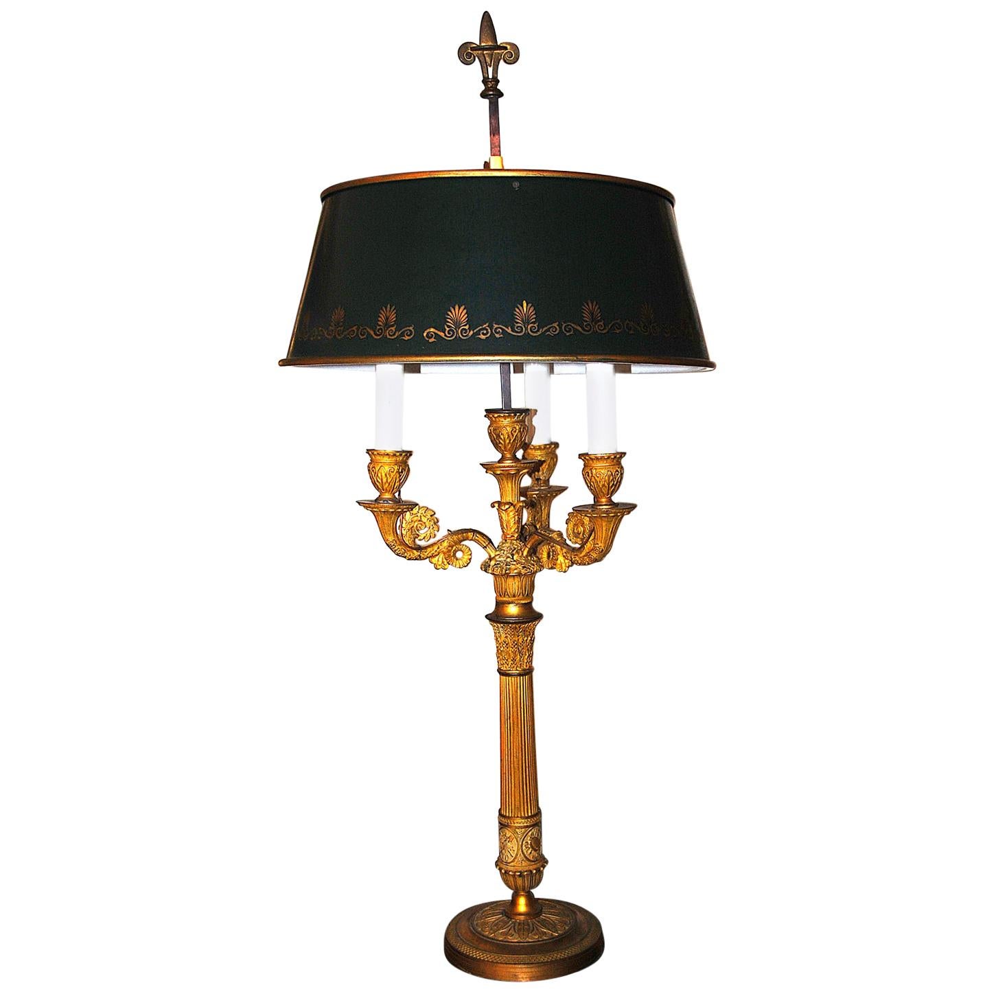 French Ormolu Electrified Three-Light Candelabra with Adjustable Tole Shade